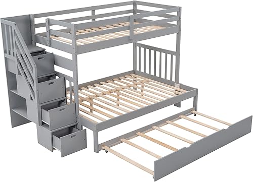 Miniatura 7 de Harper  Bright Designs Wood Bunk Bed Frame Twin Over TwinFull Bunk Bed with Trundle and Drawers Convertible Bunk Bed with Stairs and Guard Rail Gray