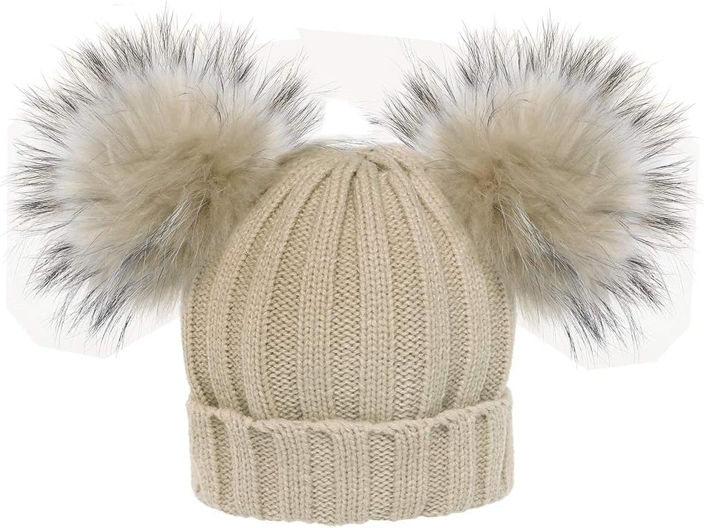 Baby Winter Faux Fur Beanie Hat Kids Knitted Double Pompom Ball Bobble Ski Cap