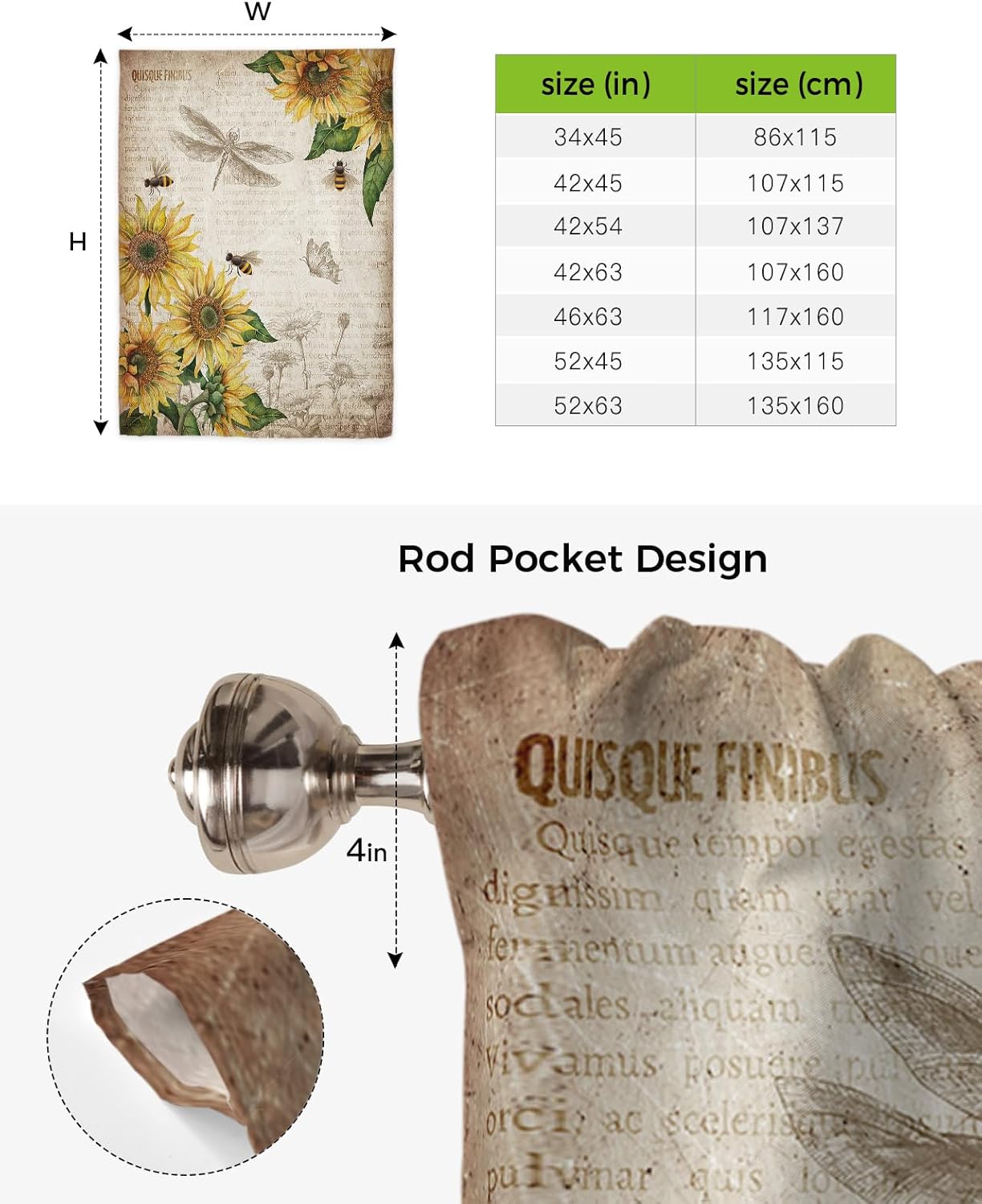 Rustic Kitchen Window Shades Tie Up Curtains, Sunflowers and Honey Bee Balloon Curtain Valances for Windows, Vintage Country Farmhouse Valance Drapes for Cafe, Living Room, Bedroom 34"x45"