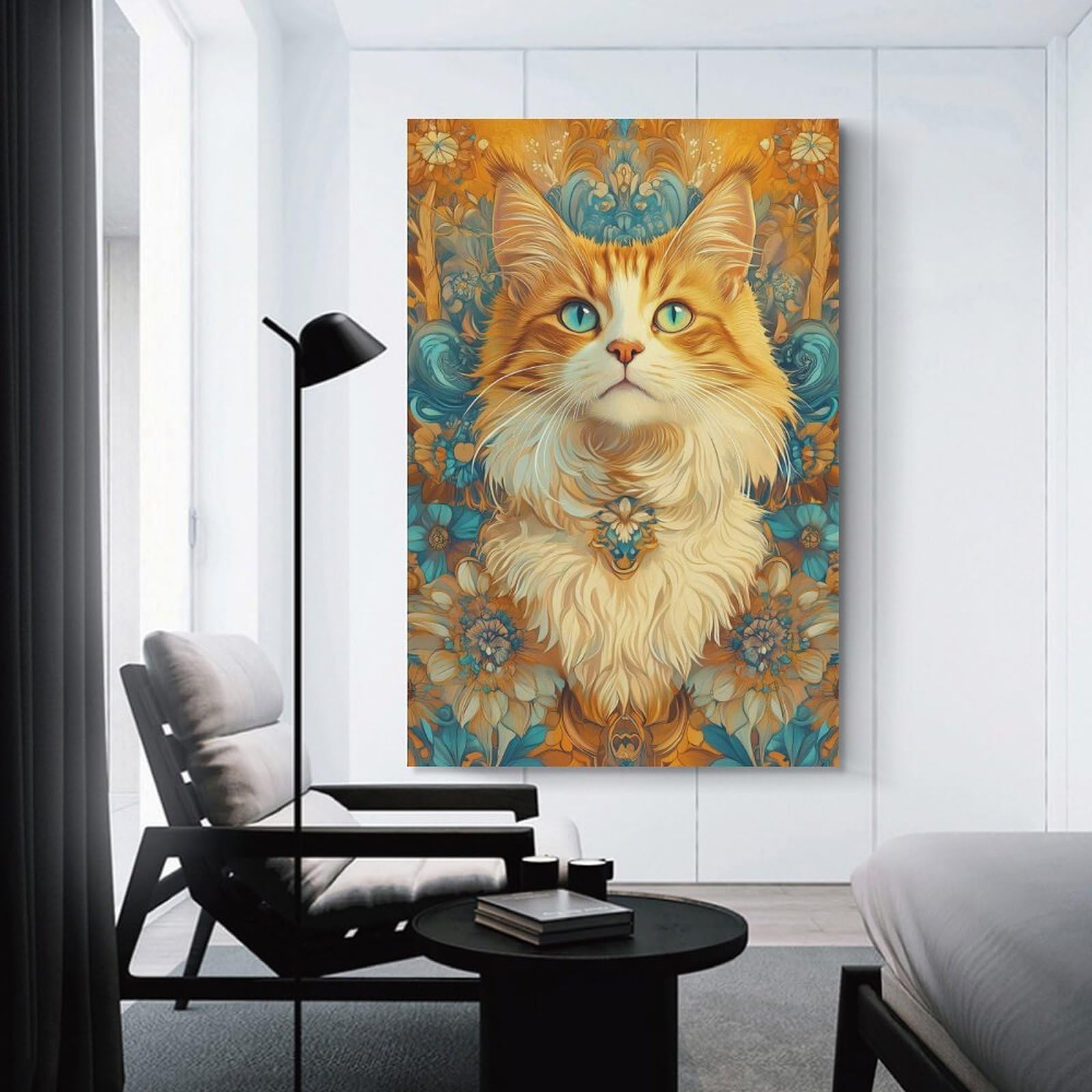 Junmoney Canvas Wall Picture Orange Tabby Cat with Floral Background, 12x18inch(30x45cm), for Study, Office Or Focused Interiors, Wall Art That Adds Style to Work Areas