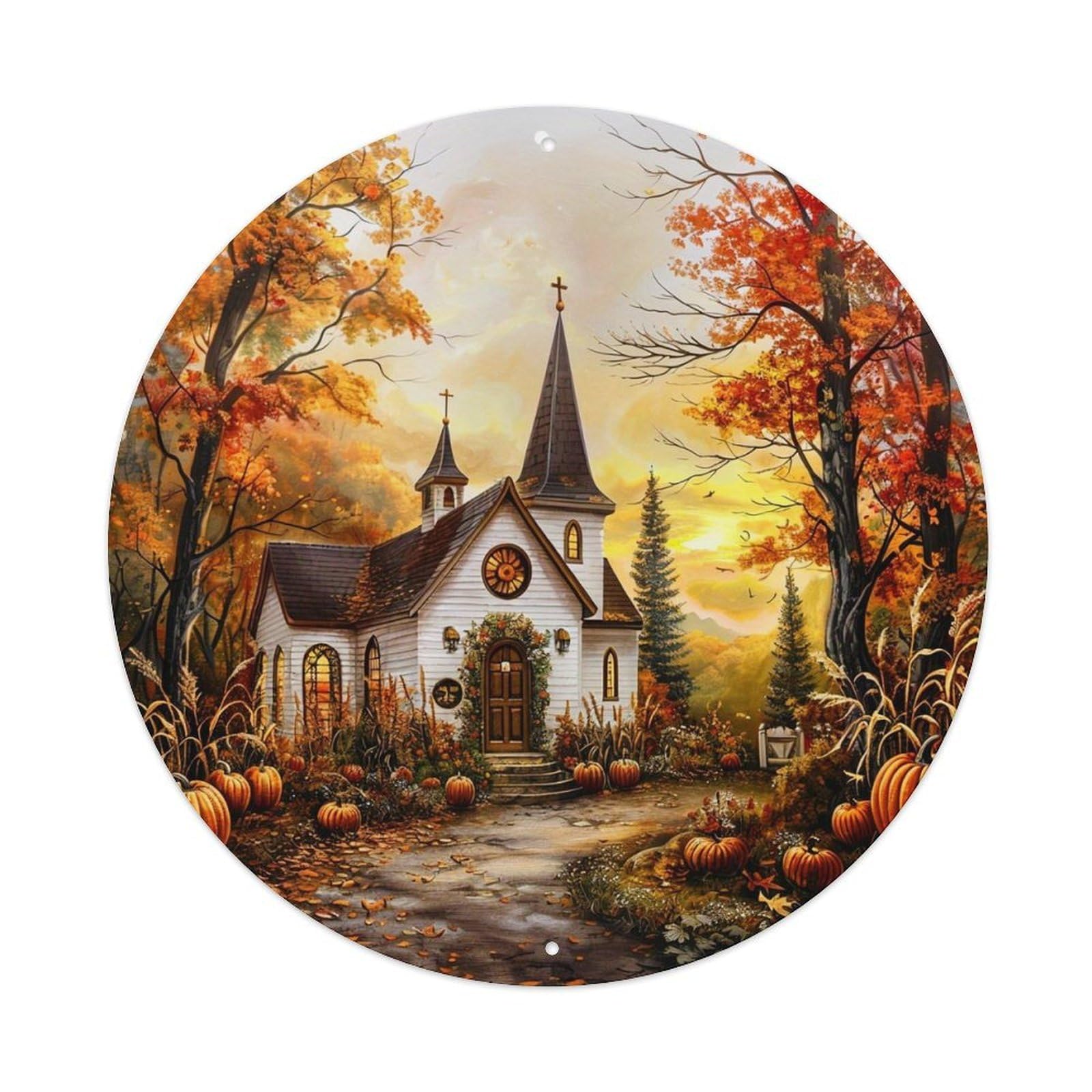 Autumn Church Pumpkin Path Trees Metal Tin Sign Plaque
