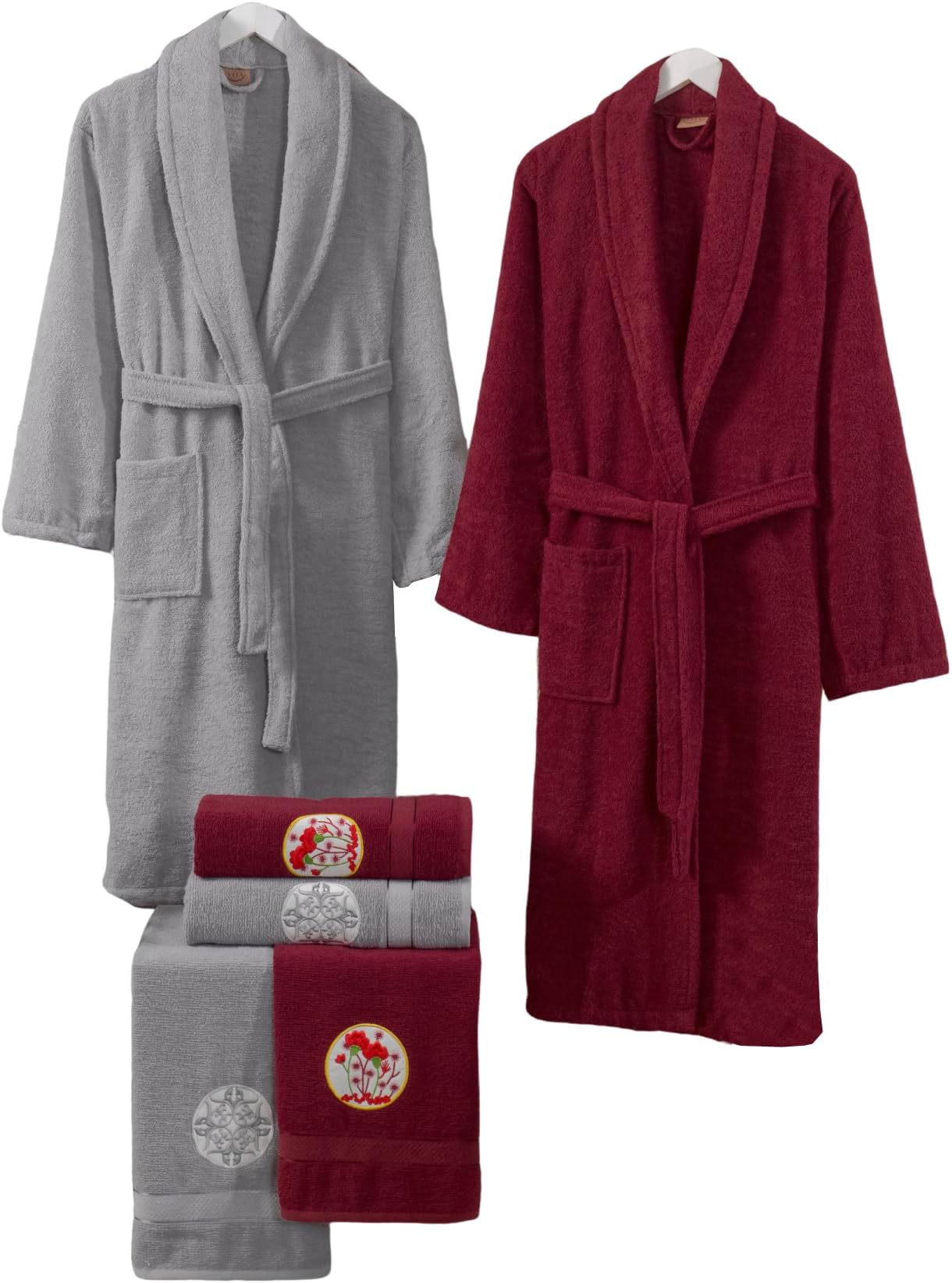 My VitaMy VITA 6-Piece Turkish Terry Cotton Family Bathrobe Set Couple Bathrobe Set Bridal Shower Gift Set with Matching Bath Towels and Hand Towels in Attractive Gift Box (Grey-Deep Red)
