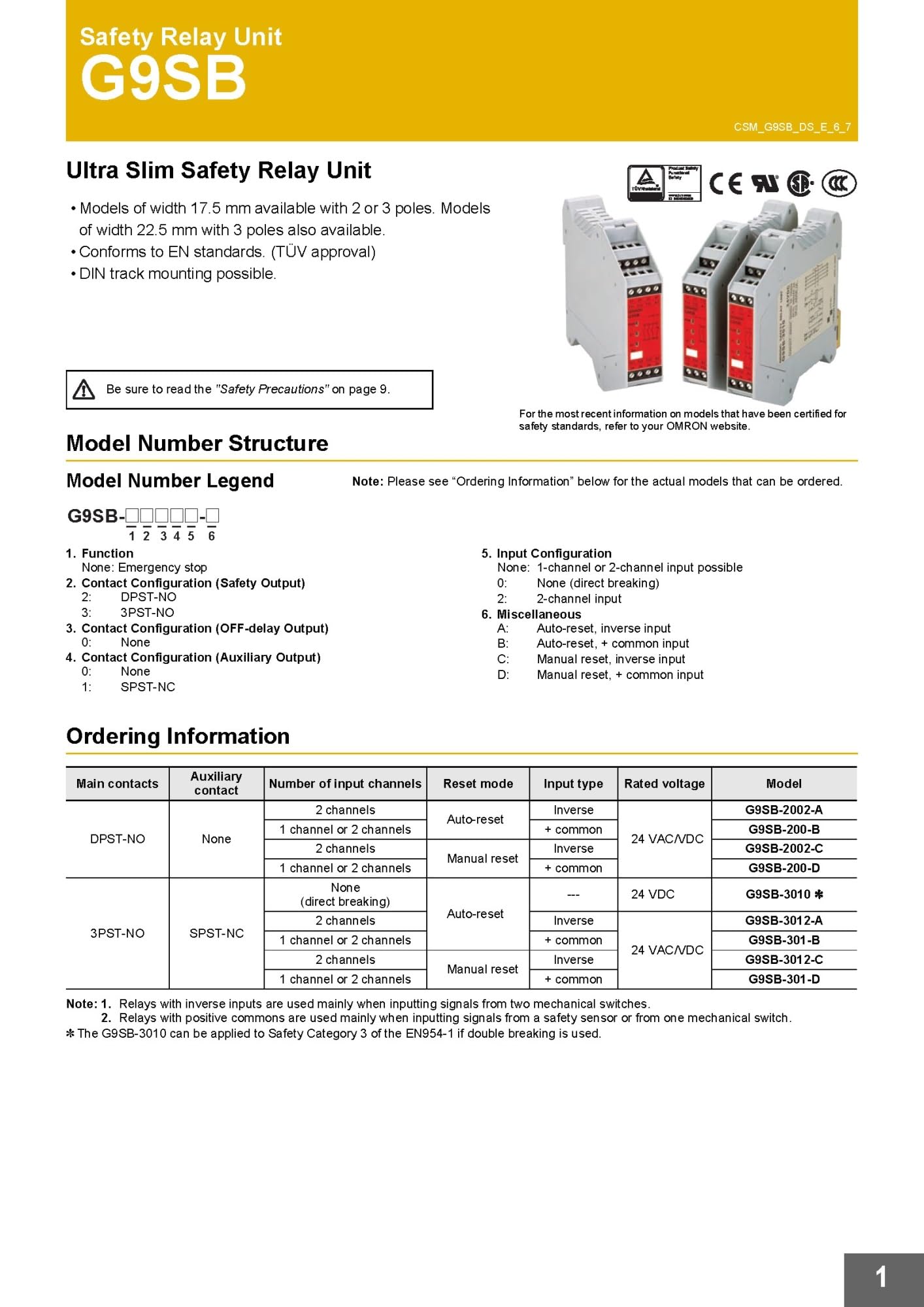 Relé de seguridad serie G9SB- 200-B 200-D 3012-C 3012-A 301-B 3010 2002-C 2002-A 301-D