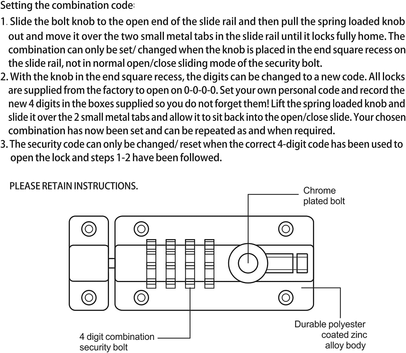 RESET 4-Digit Resettable Combination Slide Bolt Lock, Black | Keyless slide bolt for compatible doors and cabinets; measure the fixing area and check alignment before installation.