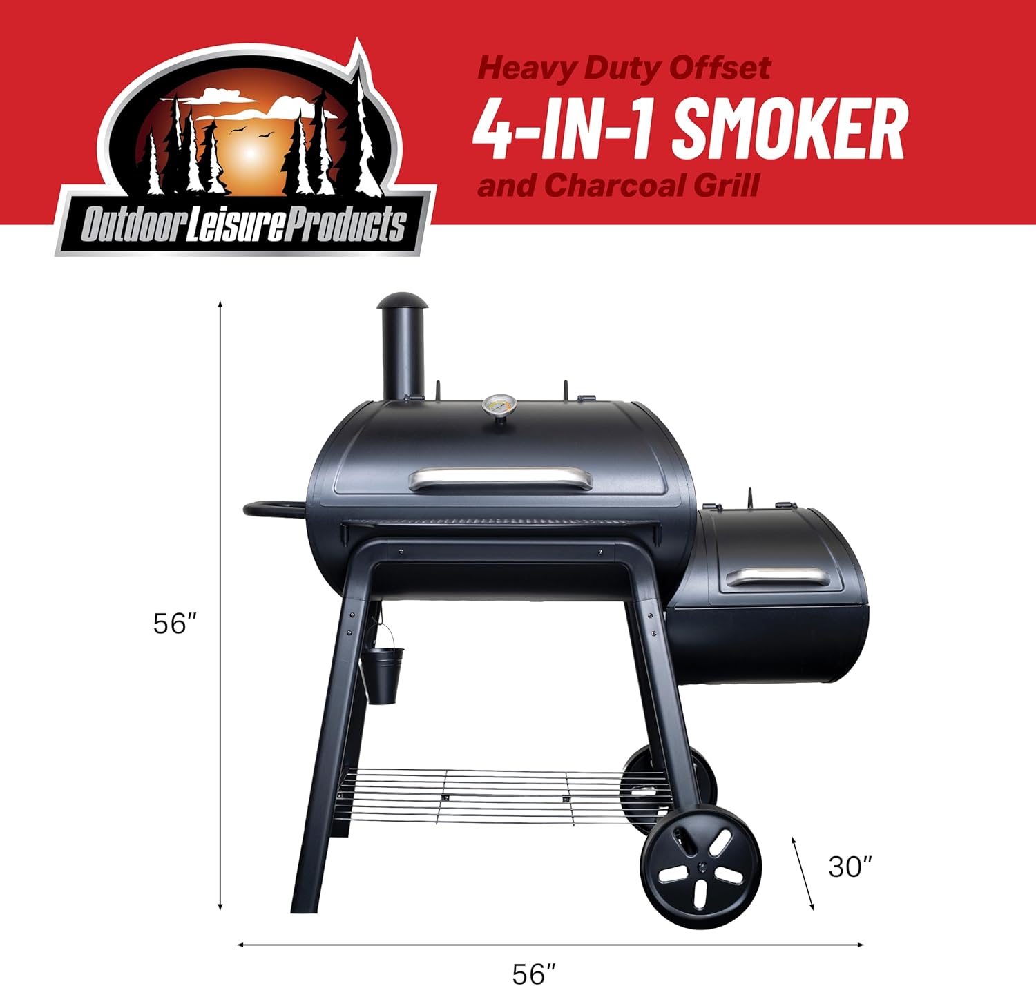 OLP8530CS Outdoor Heavy Duty Offset Charcoal Smoker Grill, 975 Square Inch Cooking Surface, Black