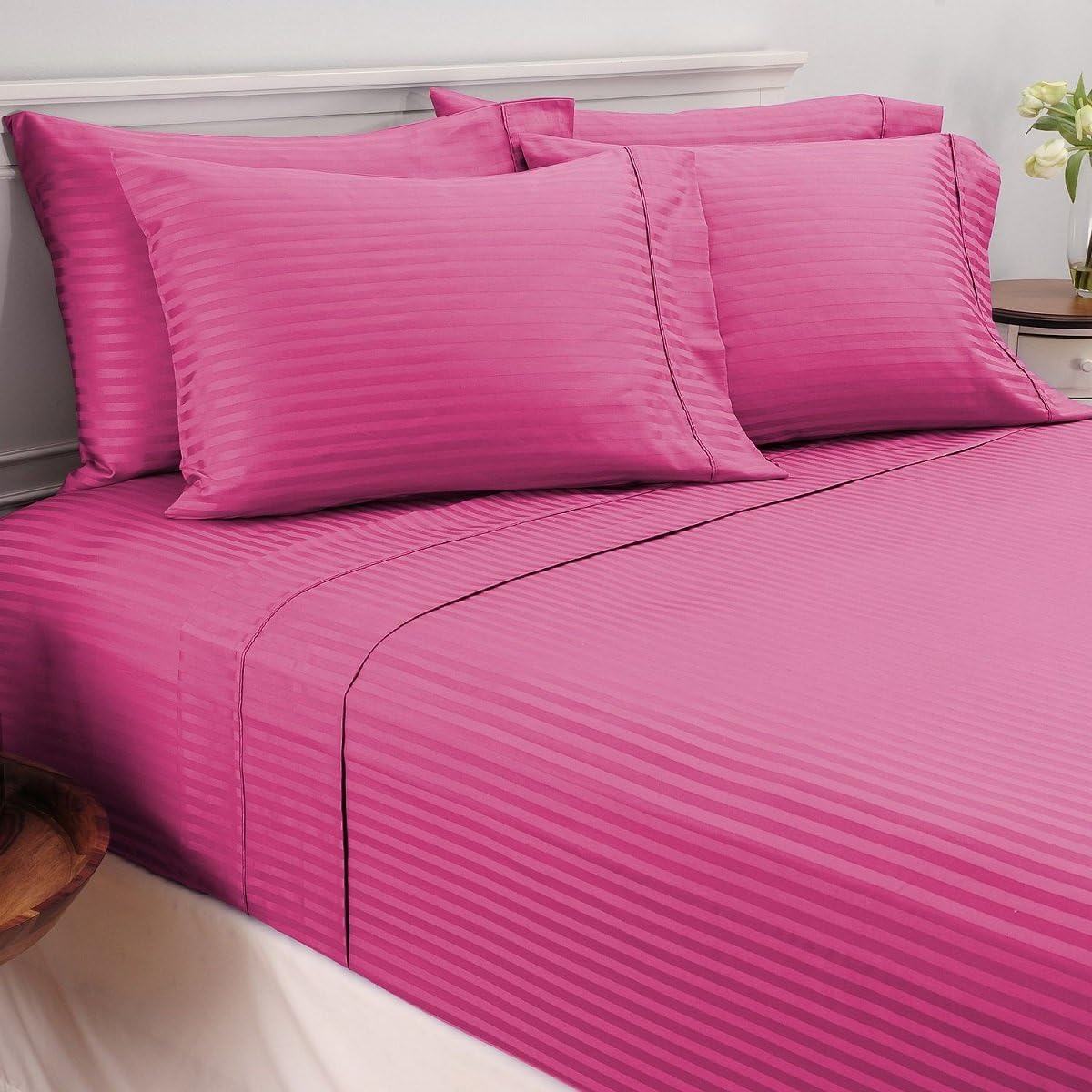 Mellanni 100% Egyptian Cotton Striped Bed Sheet Set - 450 Thread Count Sateen Luxury Bedding - 6 Piece (Queen, Fuchsia)