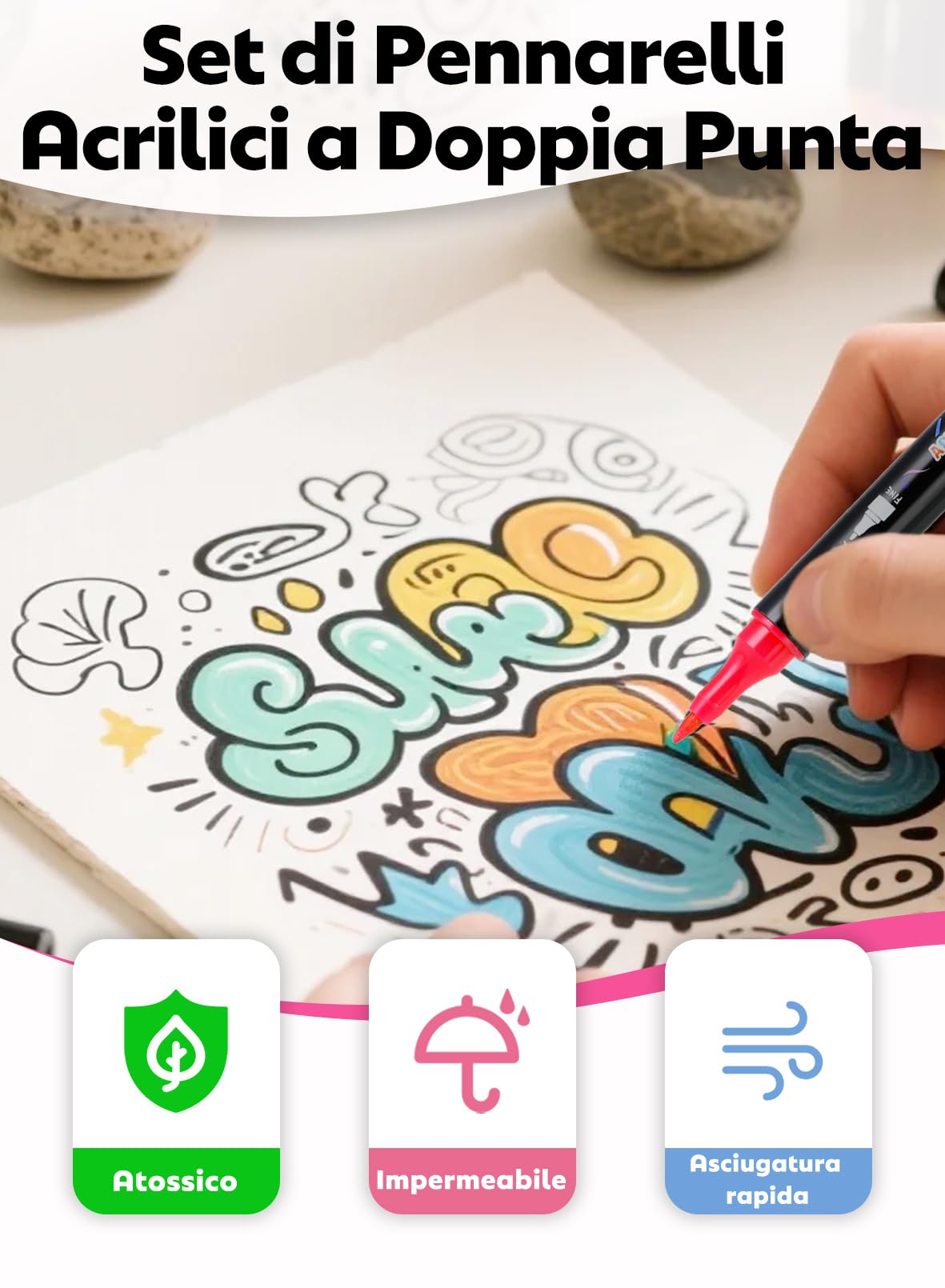 60 Colori Pennarelli Acrilici Doppia Punta Acrylic Marker | Adatto a più superfici | Resistente allo sbiadimento | Alta Copertura | Impermeabile | Marker per Ceramica, Metallo, Pietra