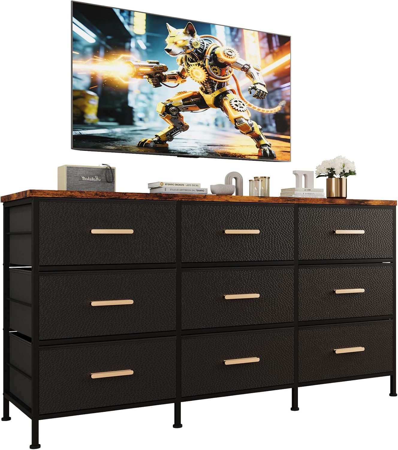 TV Stand for 55 inch TV, 47" Entertainment Center with 9 Fabric Drawers, Brushed Gold Handle, TV Media Console Table for Living Room, Bedroom, Hallway, Black - Image 3