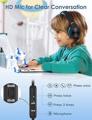 Miniatura 77 de Auriculares para niños con cable, auriculares sobre la oreja para niños con micrófono, límite de volumen de 85/94 dB, auriculares para niños y niñas