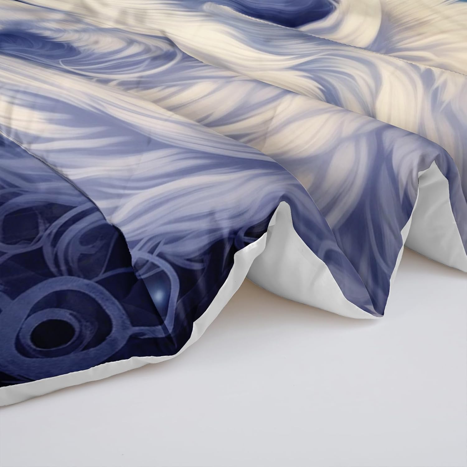 Wolf Print Comforter Set Queen Size,White and Dark Blue Wolf in Flowers Duvet Set, Forest Animals Printed Quilte Set for Girls Boys Adult,with 1 Comforter and 2 Pillow Case