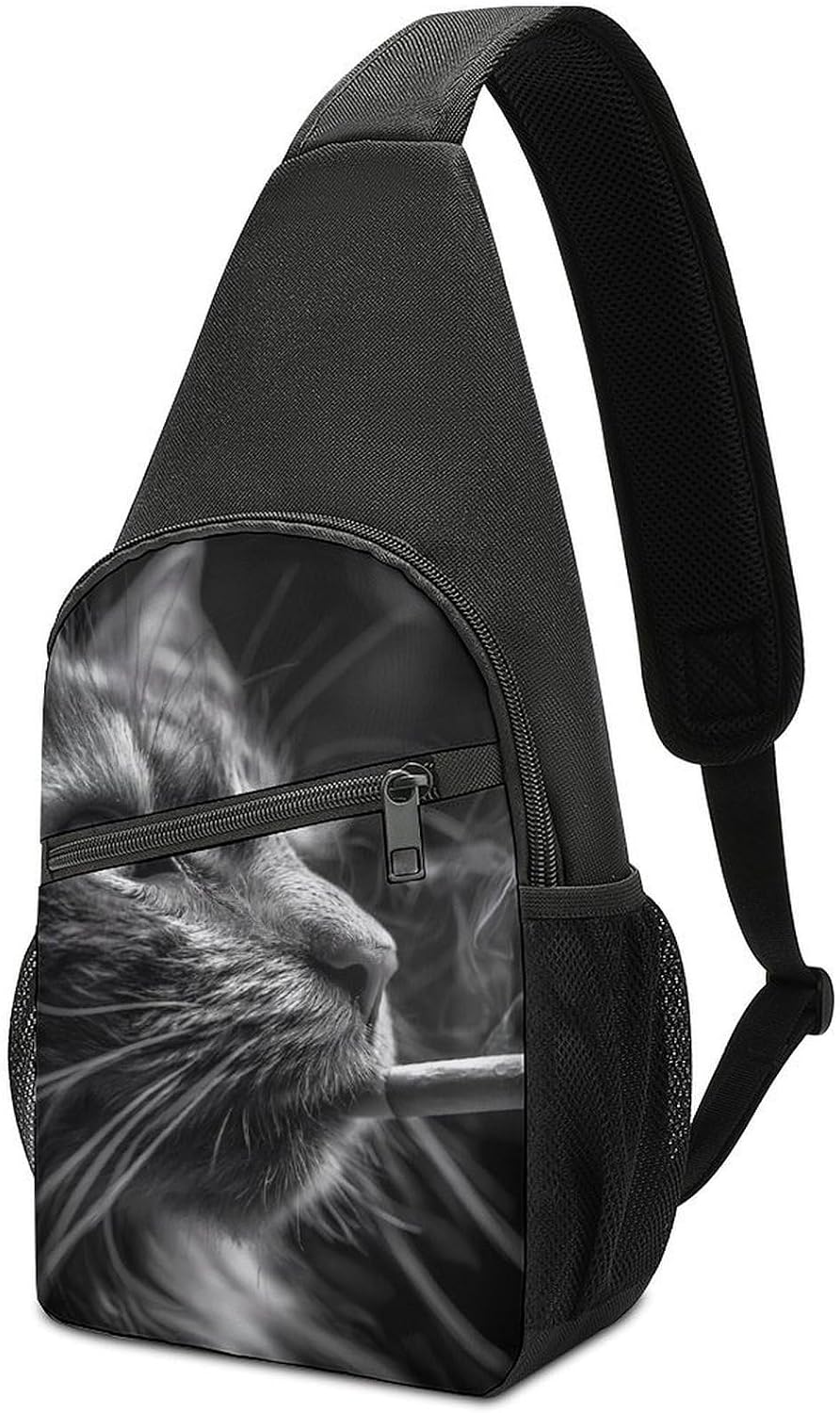 Cat Smoking Crossbody Sling Backpack Chest Bag Daypack | unisex,trendy,with convertible and detachable shoulder strap,side pockets