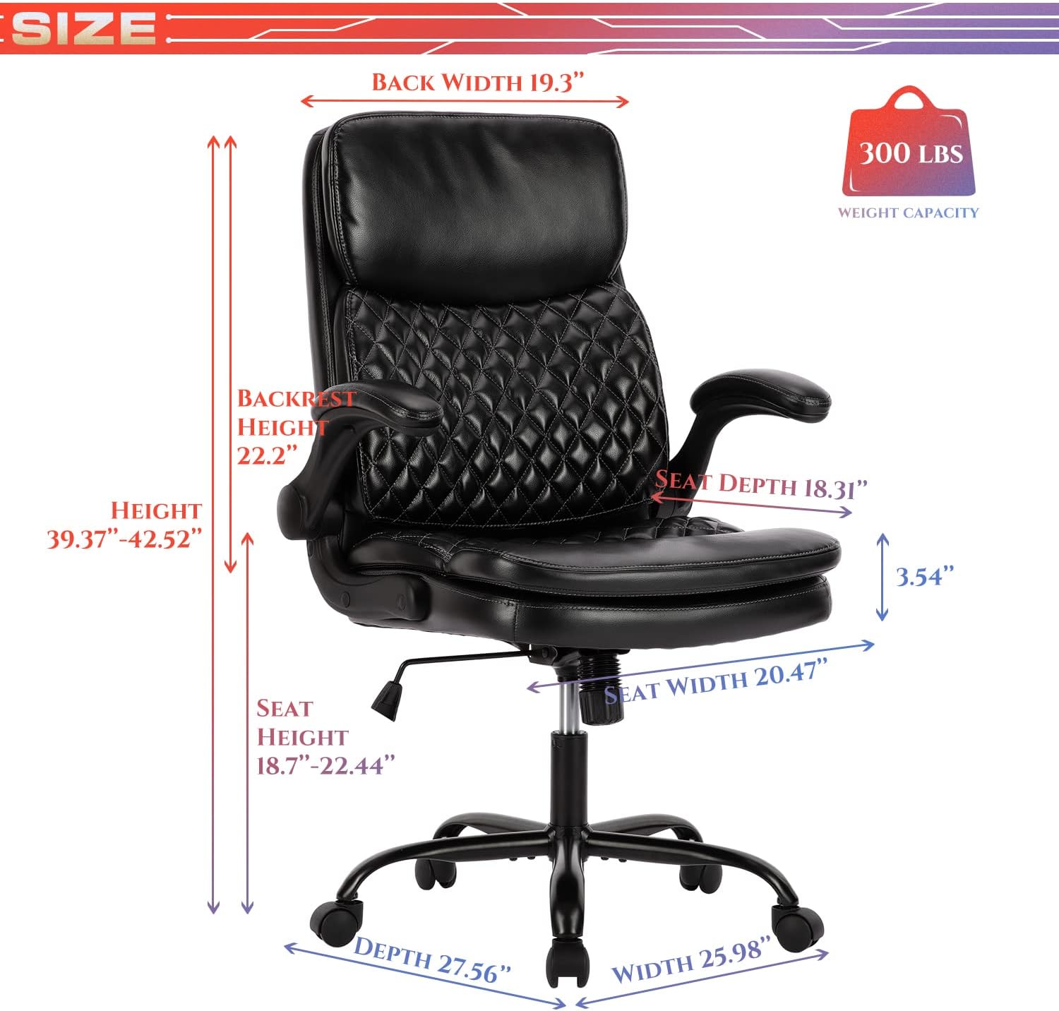 COLAMY Office Desk Chair with Padded Flip-up Armrest, Adjustable Height Bonded Leather Swivel Rolling Metal Base for Home Office Conference Room, Black Diamond Pattern