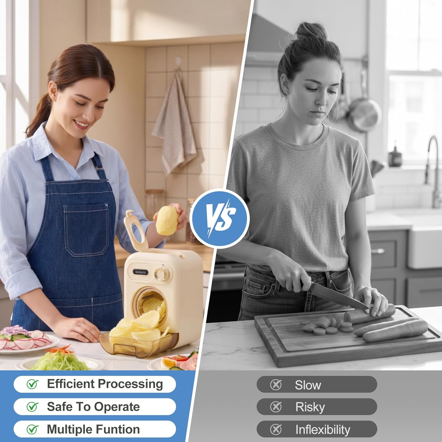 Kawu 5-in-1 Electric Cheese Grater Vegetable Cutter, Vegetable Slicer Machine with Large Feed Chute, Knob Control, Built-in Storage, Veggie Food Dicer Shredder Stainless Steel Blades for Home, Kitchen