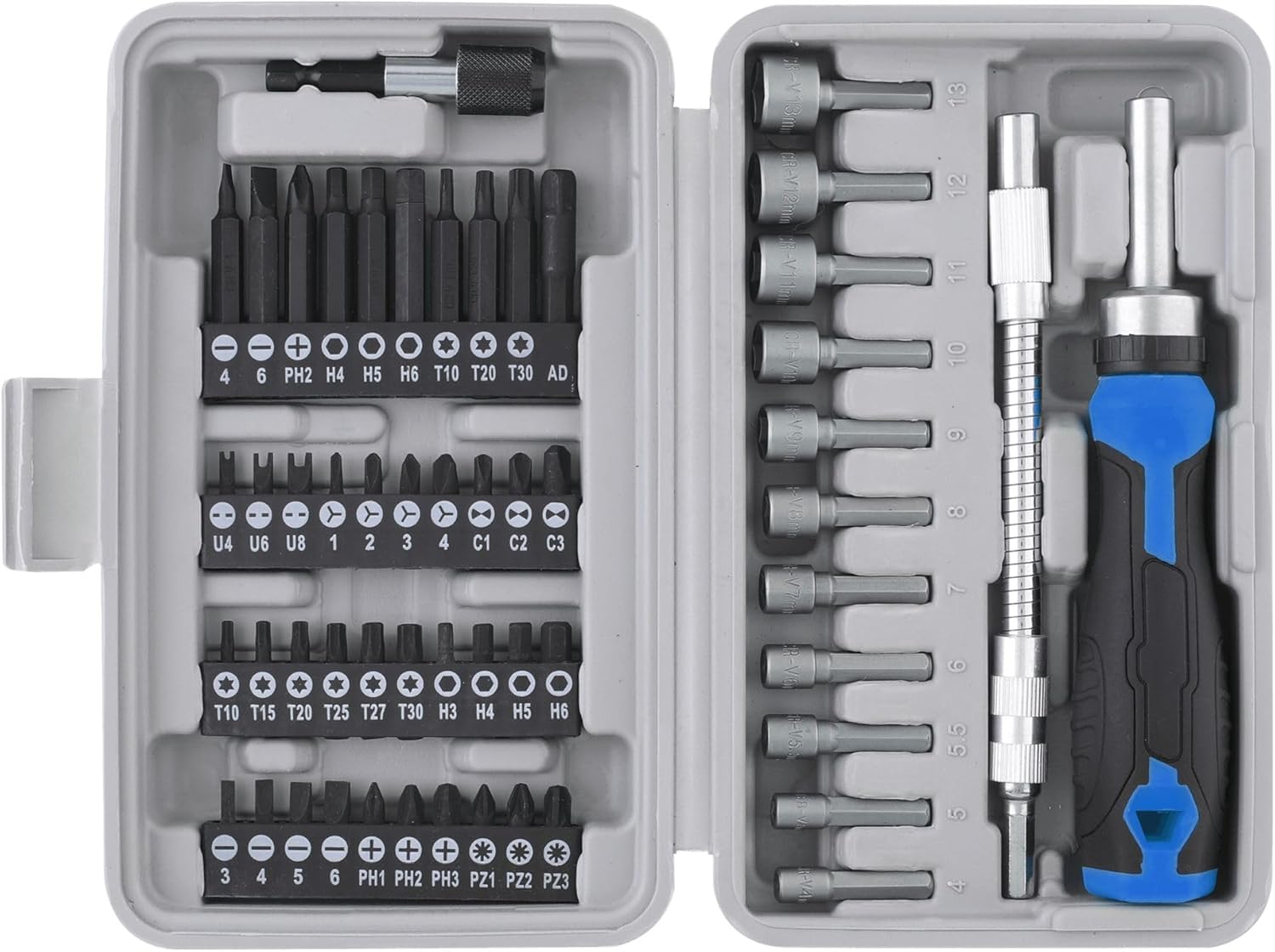 Apollo Tools DT9025 – Juego de puntas de destornillador y tuercas de 54 piezas, mango de trinquete, extensión flexible, destornilladores de tuercas