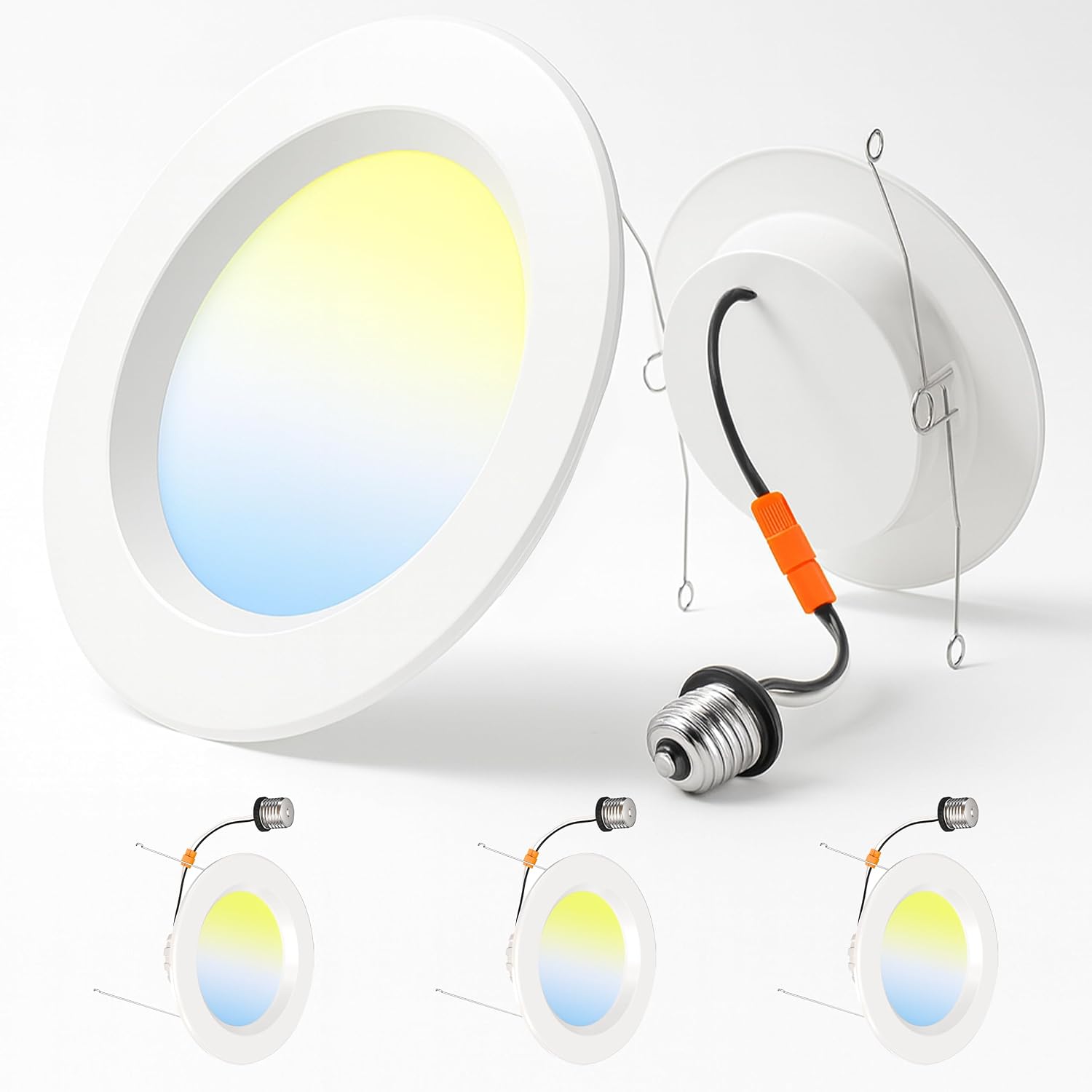 5/6 Inch LED Recessed Downlight, Retrofit Can Light (4-Pack) E26 Bulb Screw On Quick Connect 14W (90W Equiv.) 1100 Lumens Dimmable 120° Wide Wet Rated Energy Star Smooth Trim 50,000 Hours