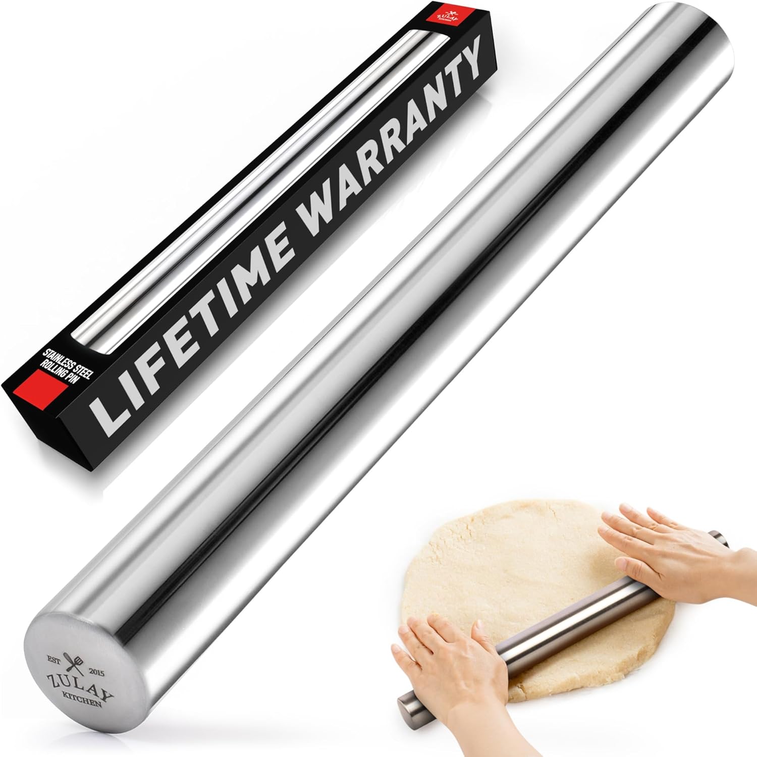Zulay Kitchen 15.9 inch Professional Stainless Steel Rolling Pin (Silver) Thumbnail