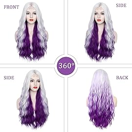 WECAN Silver Grey to Purple Wig 28 Inches Long Sliver to Purple Wavy Wigs For Women Synthetic Hair Replacement Wigs Halloween Cosplay Daily Party Heat-Resistant Fiber Wig