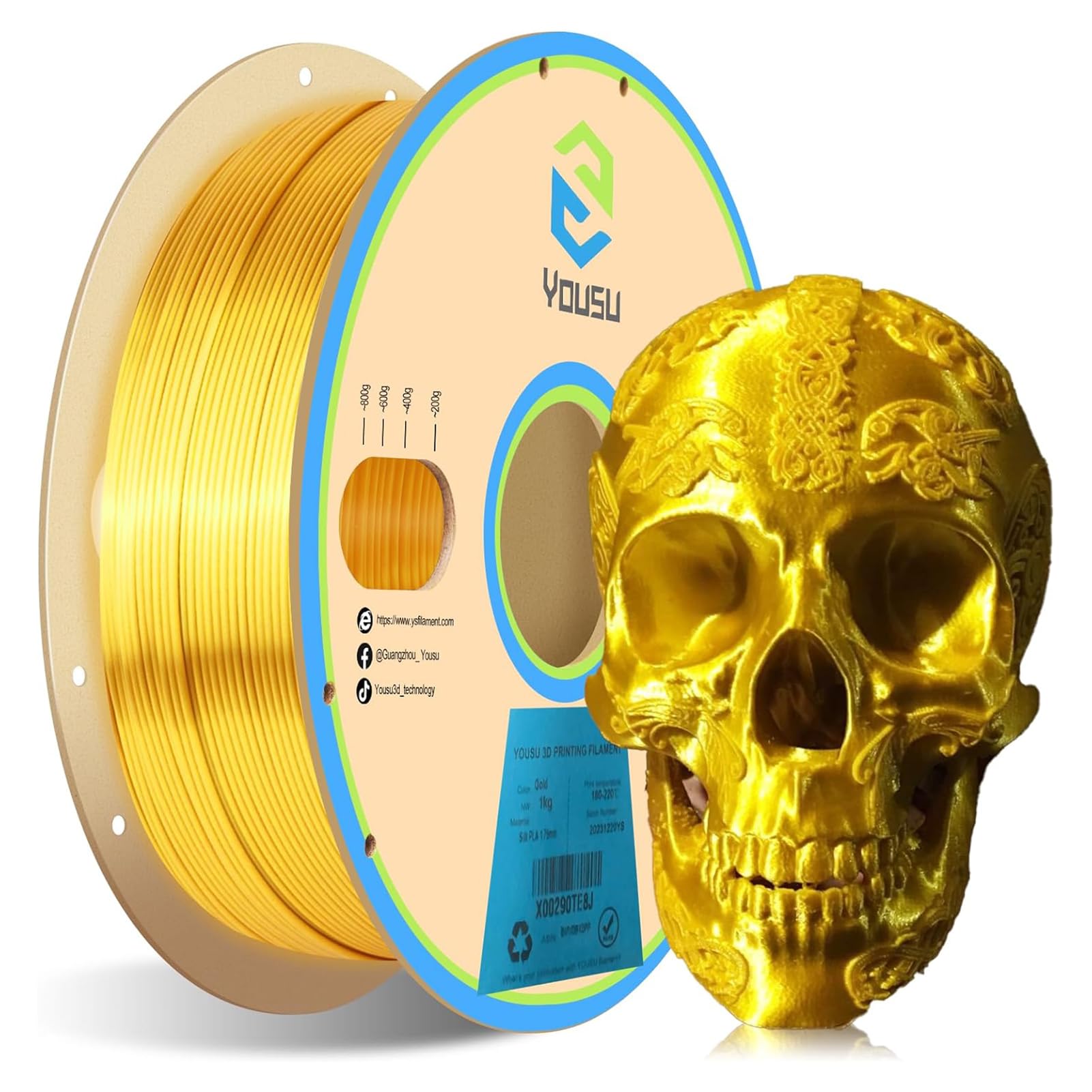 YOUSU Filamento PLA de Seda para Impresora 3D, Filamento de Impresora 3D PLA de Seda Dorada, Precisión Dimensional de 1,75 mm / 0,03 mm, Acabado Metálico Brillante para Figuras y (Oro)