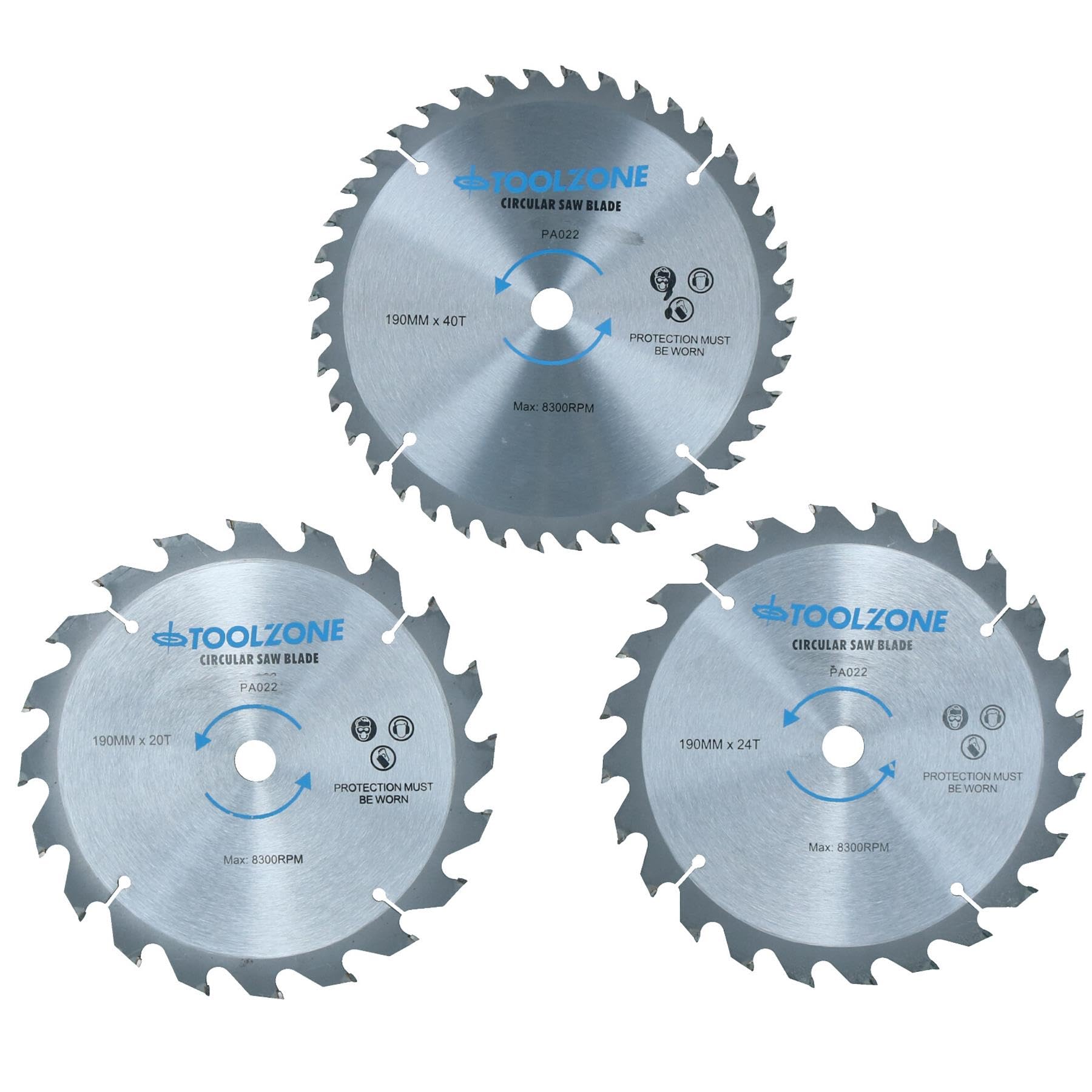 3pc 190mm TCT Circular Saw Blades 20/24 and 40 Teeth 16mm Bore TE598