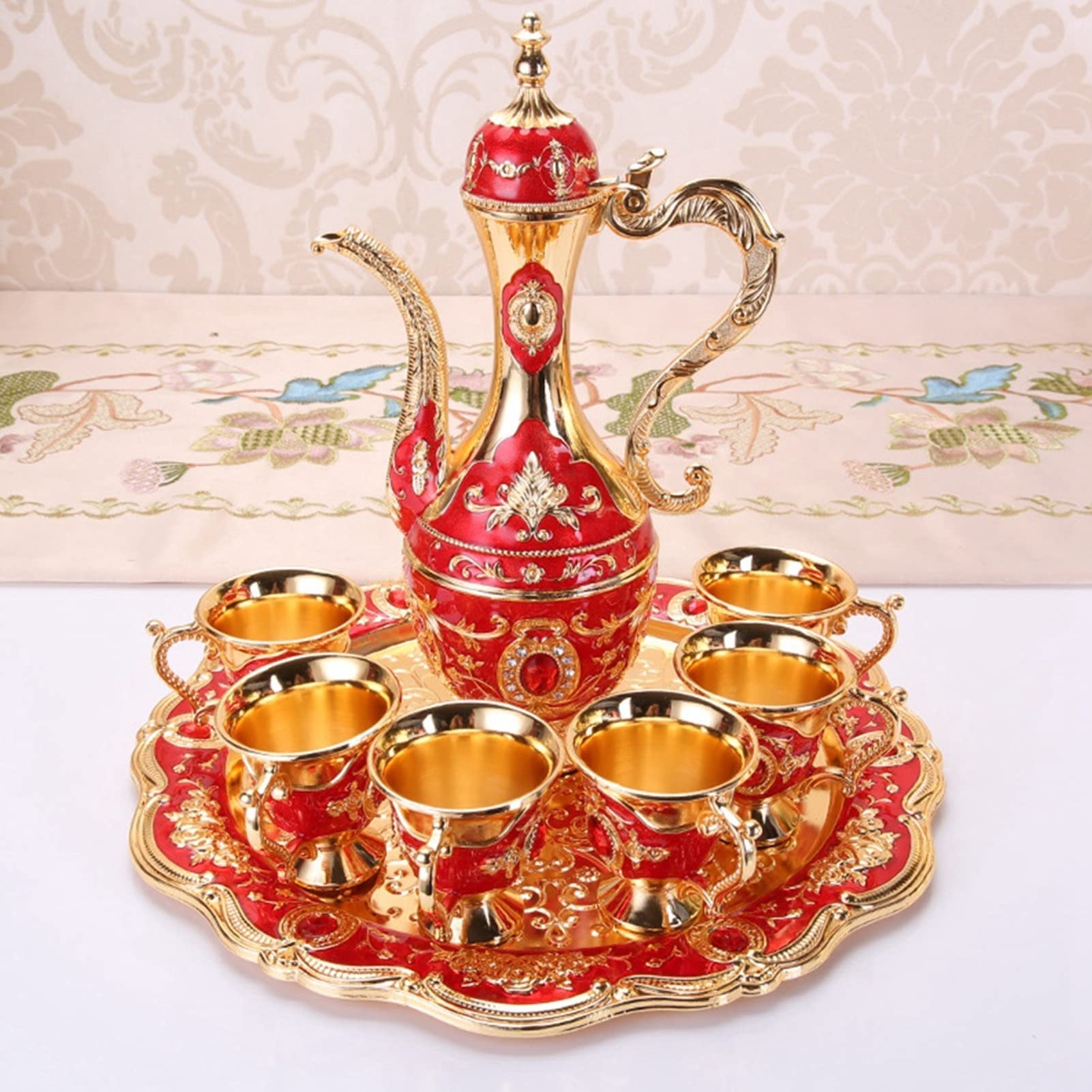 Service à Vin élégant 8 Pièces Style Rétro Européen - Pot, 6 Tasses Et Plateau En Alliage Zinc Orné - 8