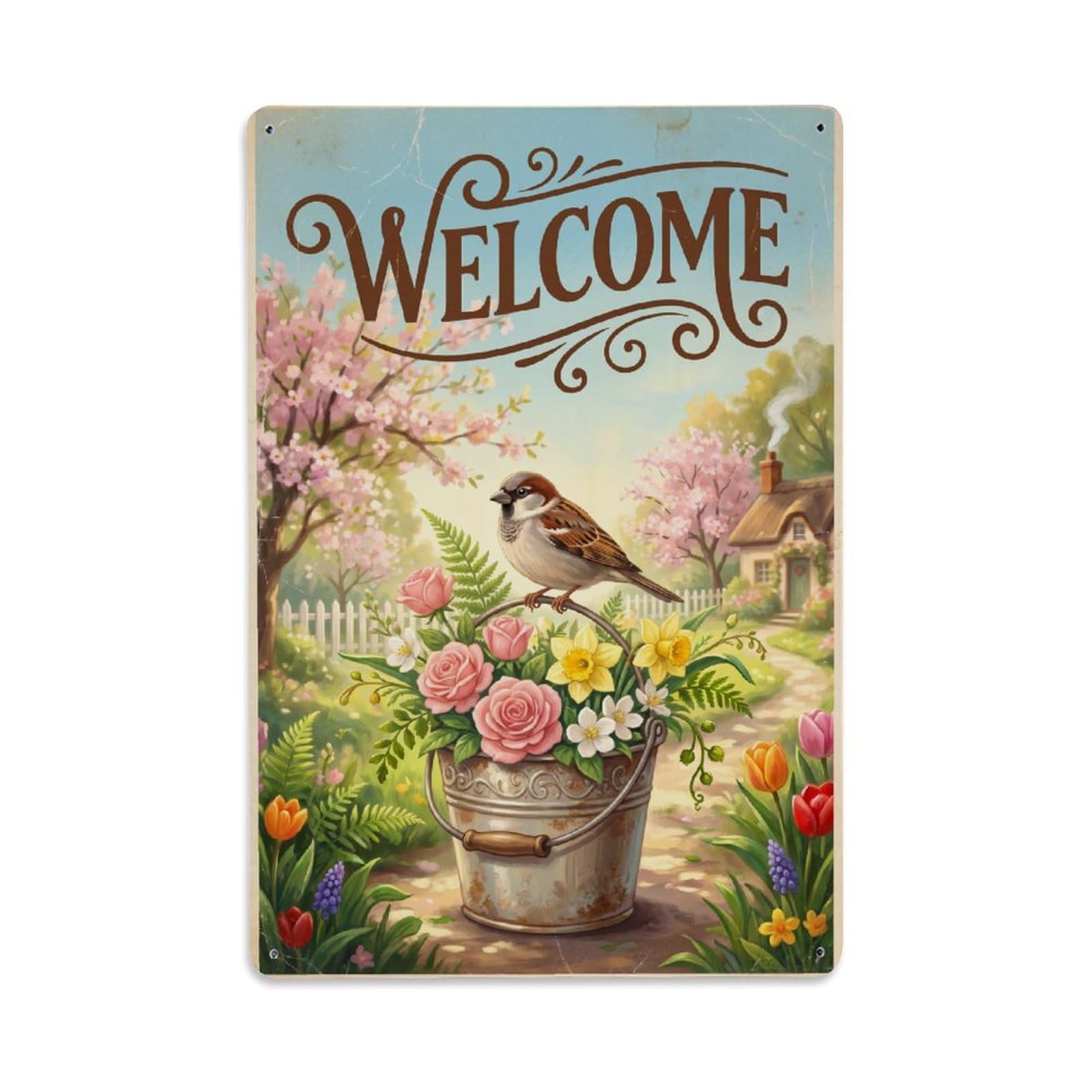 Cxhjca 8X12inch(20X30cm) Vintage Welcome Sparrow New Beginnings Metal Tin Sign