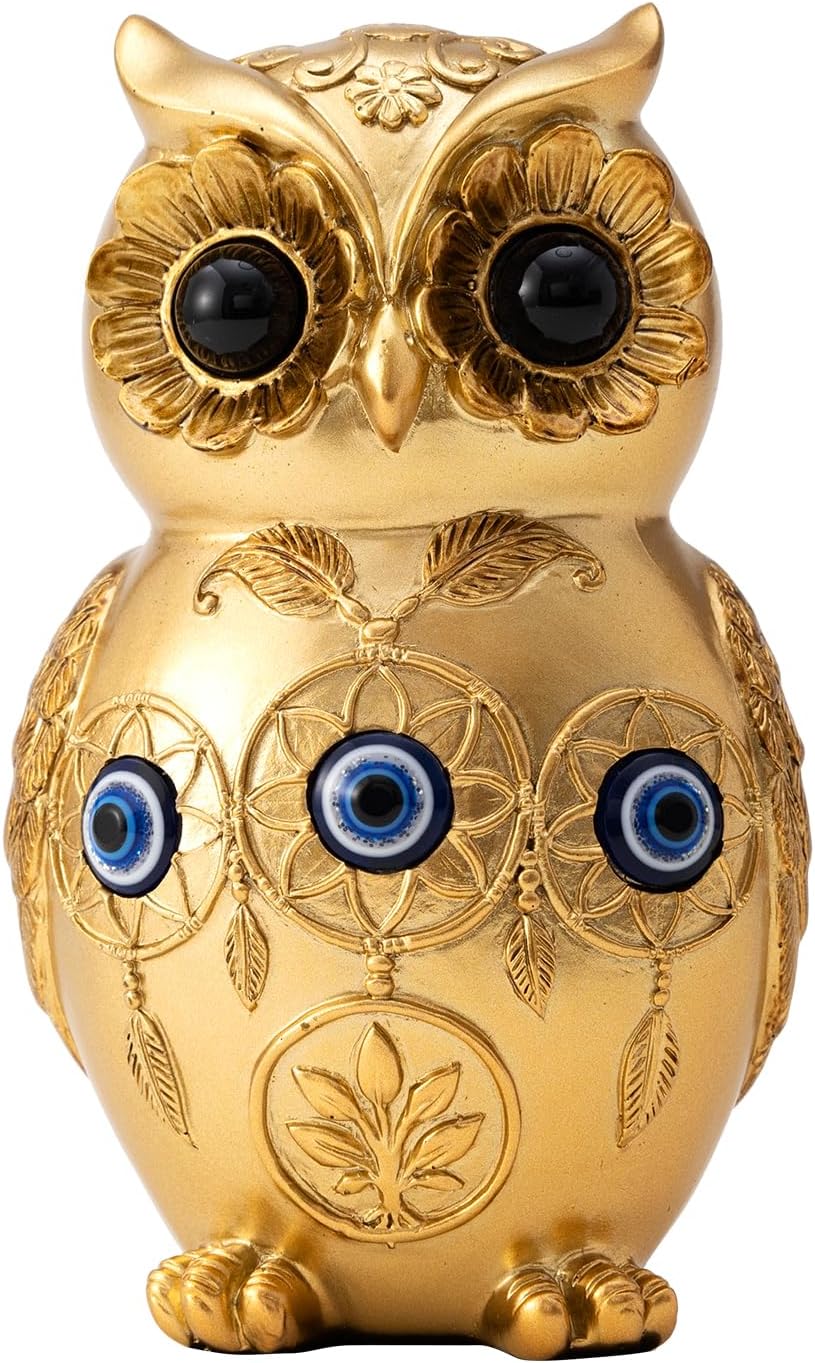 TOHLUCS Gold Owl Statue Home Decor with Evil Eye Protection – 4.8" Resin Owl Figurine for Shelf, Office Desk & Living Room – Unique Spiritual Good Luck Gift for Housewarming, Women & Owl Lovers