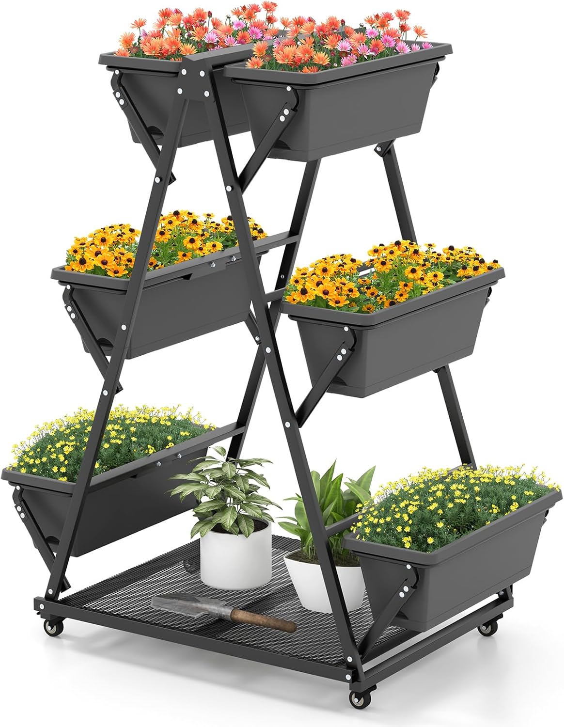 HAPPYGRILL Raised Garden Bed, Vertical Garden Planter with Lockable Wheels, Drainage Holes, 3-Tier Elevated Planter Box for Deck, Patio, Balcony, Perfect for Vegetables, Flowers, Herbs, Tools