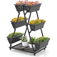 HAPPYGRILL Raised Garden Bed, Vertical Garden Planter with Lockable Wheels, Drainage Holes, 3-Tier Elevated Planter Box for Deck, Patio, Balcony, Perfect for Vegetables, Flowers, Herbs, Tools