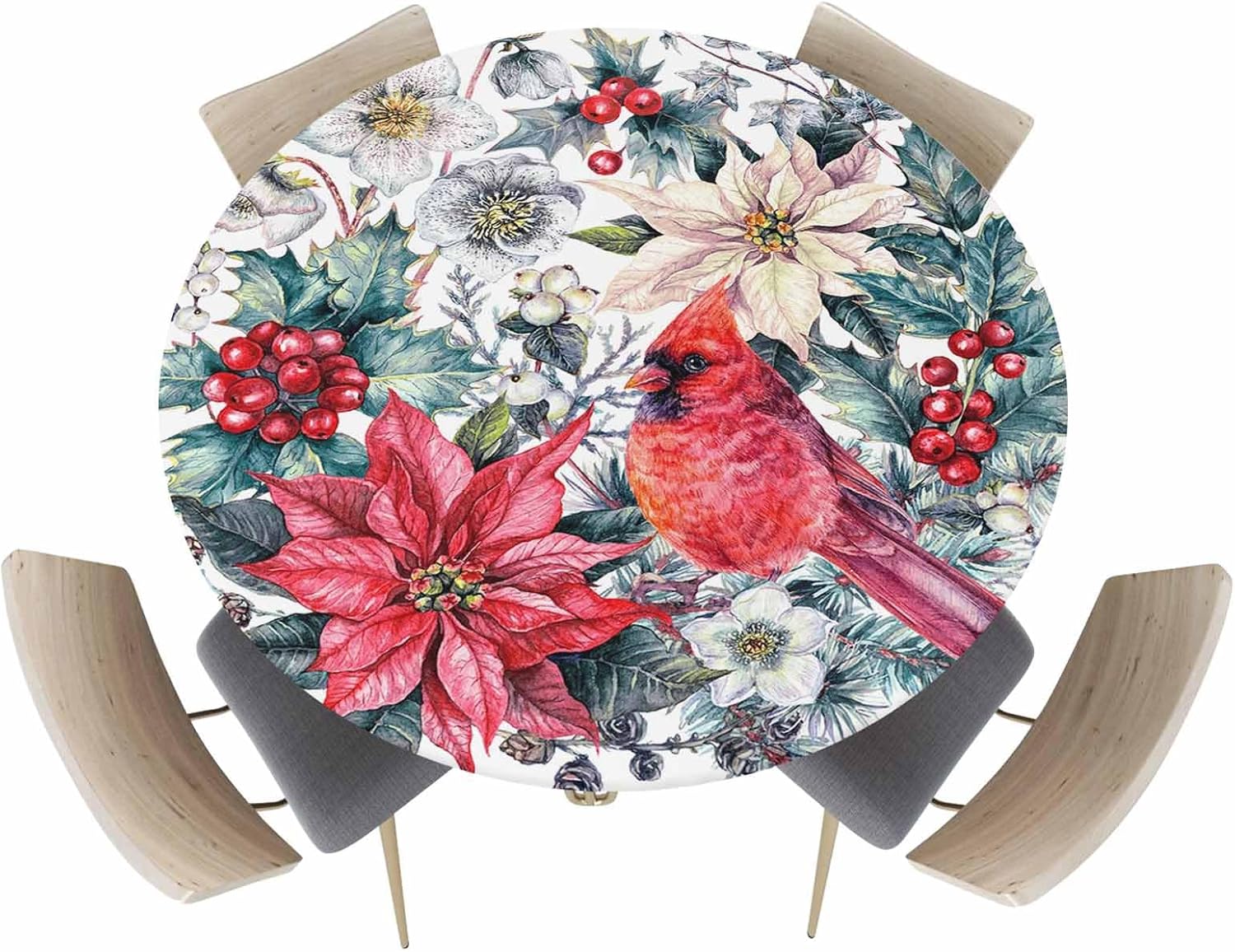 Christmas Red Cardinal Poinsettia Table Round Cover Elastic Edged Tablecloth, Winter Pine Plant Berry Indoor Outdoor Fitted Circle Tables Cover Waterproof Wipeable Tabletop Protector Cloth