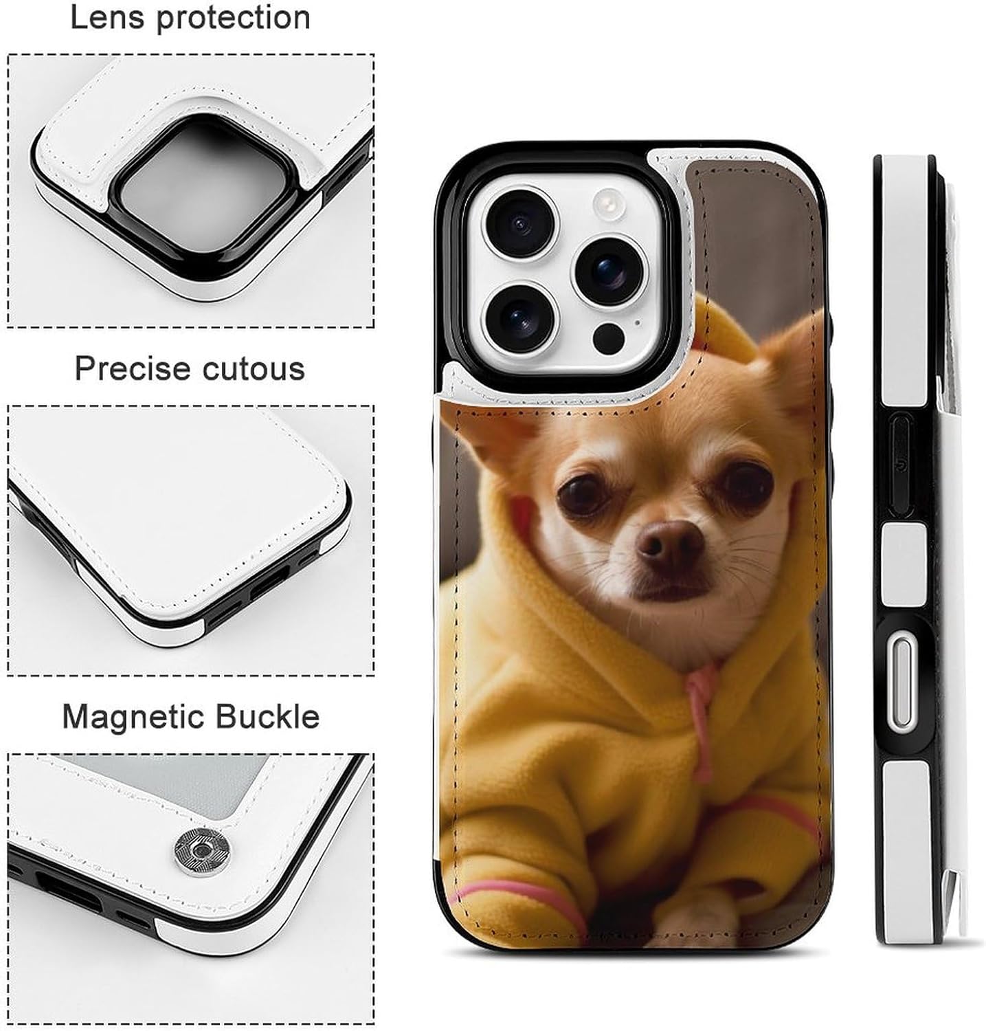 Wallet Cases for iPhone 16 Pro, Cute Depressed Chihuahua Prints Flip Leather Phone Case Cover with Card Slots Holder