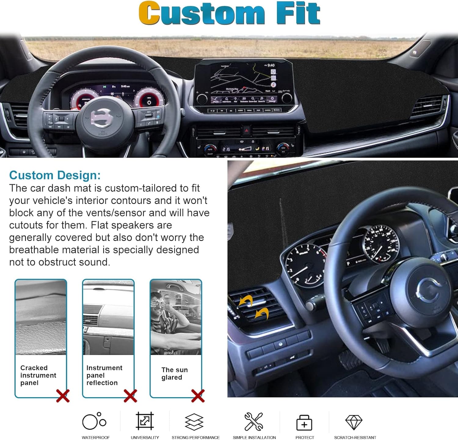 x xotic tech Center Console Dashboard Mat Pre-Cut Non-Slip Sunshield Sun Glare Protector Dash Carpet Pad Black Cover Compatible with Nissan Rogue 2021 2022 2023 2024 2025 2026