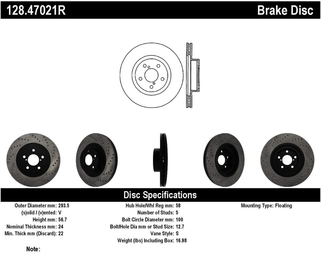 StopTech 128.47021R Sport Front Right Cross Drilled Disc Brake Rotor - Fits Select Scion, Subaru and Toyota Vehicles