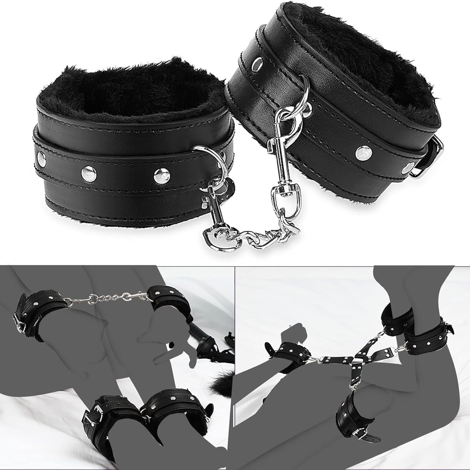 Kit de Bondage BDSM de Cuero Premium, 11 Piezas - Set de Ataduras Ajustables para Parejas, Esposas Suaves,Sistema de Sujeción para Cama con Cierre de Seguridad,Accesorios Fetiche para Adultos (Negro)