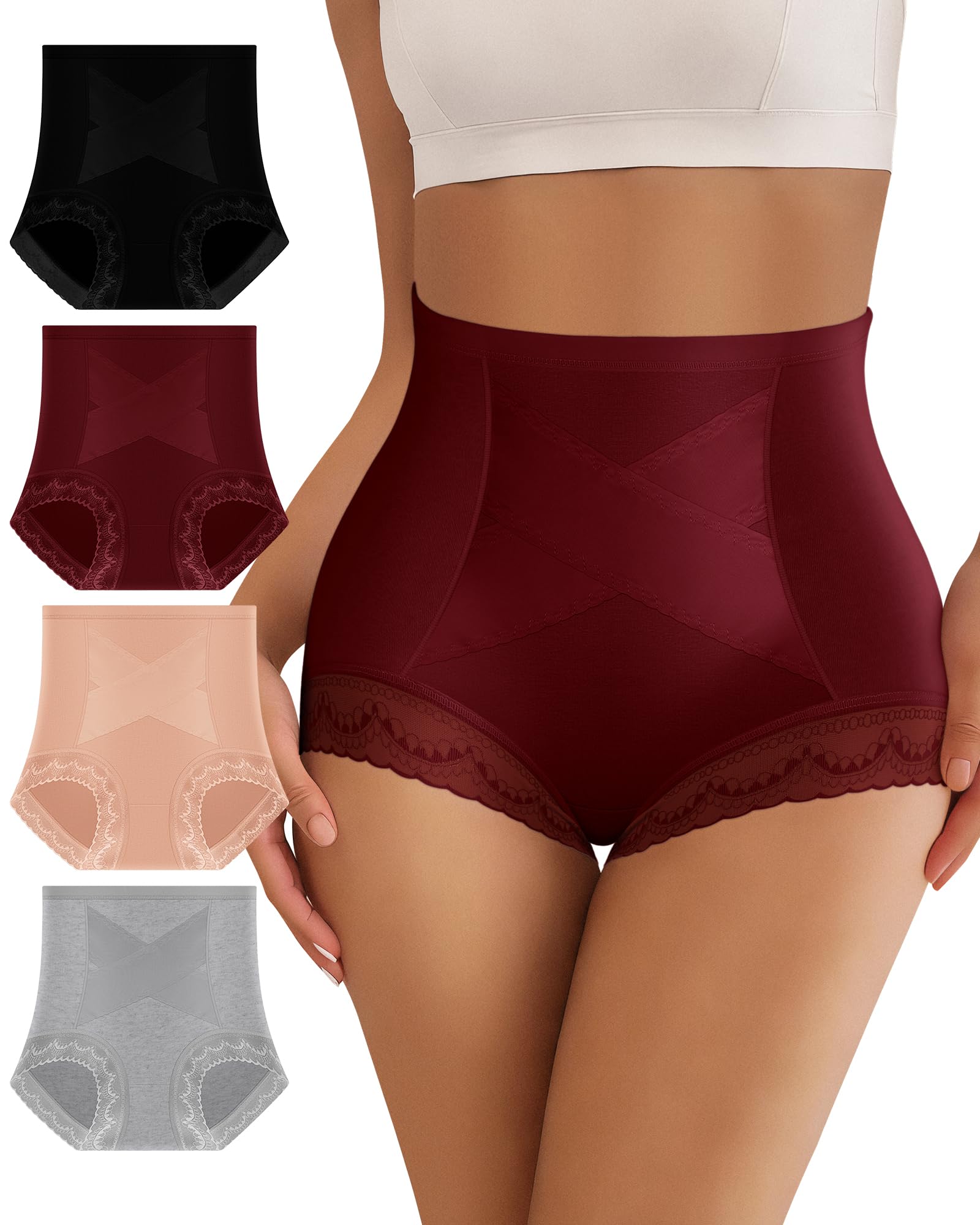 Damen-Slips aus Baumwolle, Bauchkontrolle, hohe Taille, Spitzenbesatz | Weiche Baumwoll-Atmungsaktivität, sanfte X-Panel-Kontrolle, kein Rollen, hoher Bund, nach der Geburt und für Veranstaltungen