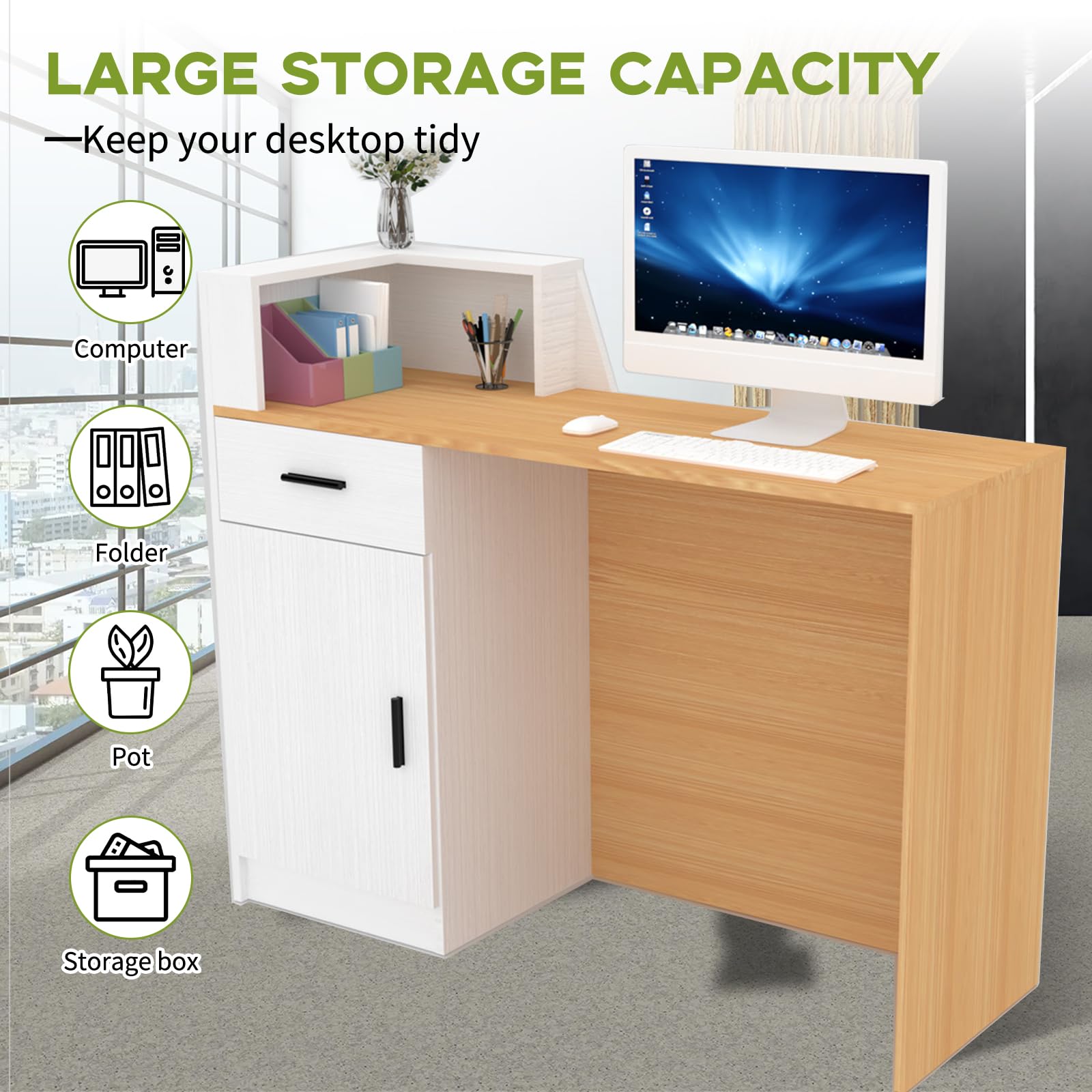 Descrito De Recepción Con Casilleros De Almacenamiento, 80-200CM Mesa De Recepción, Mostrador De Pago Moderno Para Salón, Oficinas, Hotel, Tiendas Minoristas Tabla White+wood-left corner 160×42×100cm