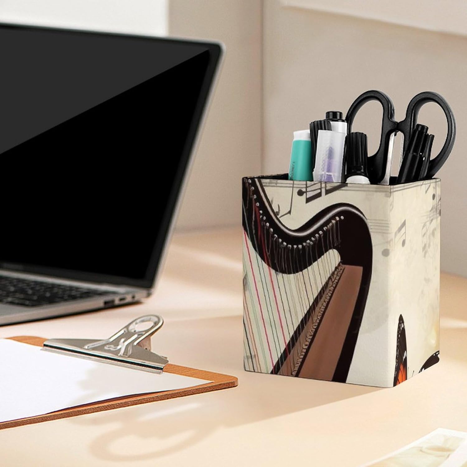 Leather Pen Holder for Desk Organizer Music Background With Harp And Butterfly Pencil Holder Cute Pencil Cup Decorative Makeup Brush Holder Cup Office Pen Cup Desk Accessories Pen Organizer image 4