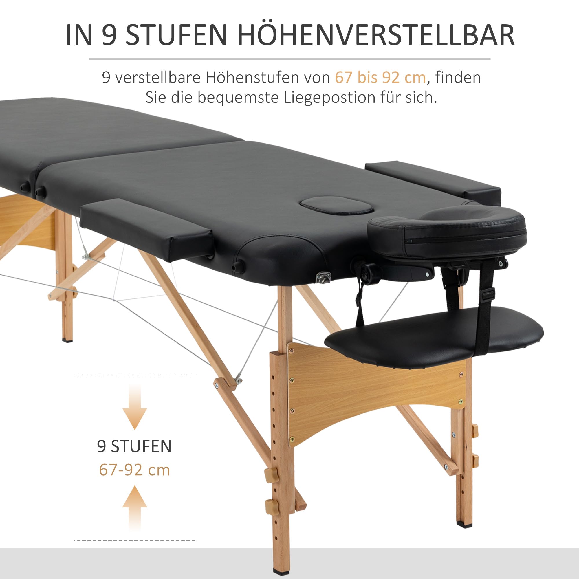 HOMCOM Massagetisch Klappbare Massageliege für Spa Kunstleder Holz Schwarz | Höhenverstellbare Massagebank, Massagebett Mit Kopfstütze, Für Salon