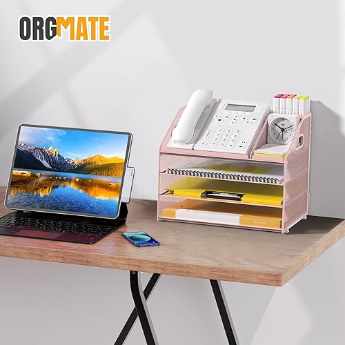 Miniatura 7 de Bandeja de cartas, organizador de escritorio de 4 niveles con soporte para bolígrafo y asa, organizador de archivos de malla, clasificador de papel,