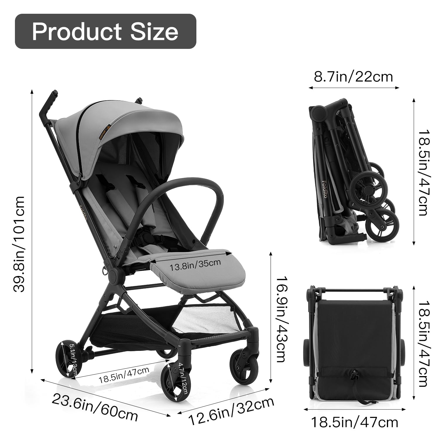 Gromast Passeggino da viaggio per aereo, ultra compatto e leggero, solo 4,5 kg, passeggino portatile per neonati, con tettuccio UPF 50+ e portabicchieri, grigio