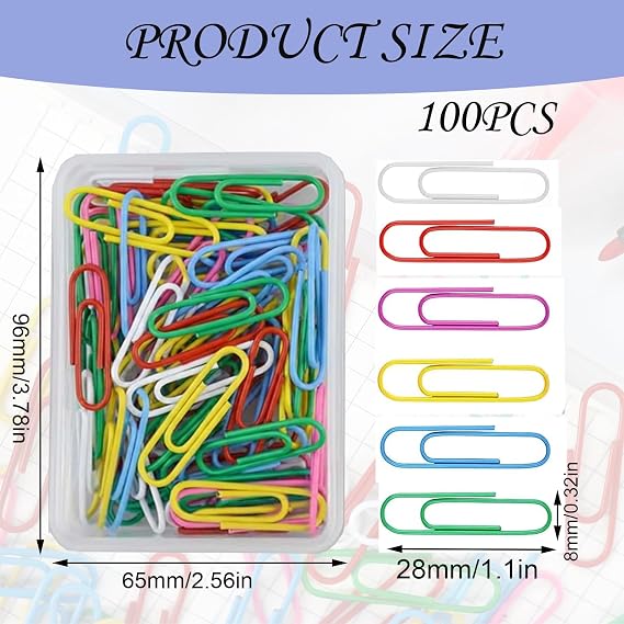 100Pcs Coloured Paper Clips Plastic-Coated Metal Paperclips with Storage Box Durable & Reusable Office Supplies Rust-Resistant for School Home Stationery DIY Bookmarks Document Organization
