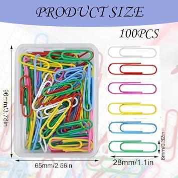 100Pcs Coloured Paper Clips Plastic-Coated Metal Paperclips with Storage Box Durable & Reusable Office Supplies Rust-Resistant for School Home Stationery DIY Bookmarks Document Organization