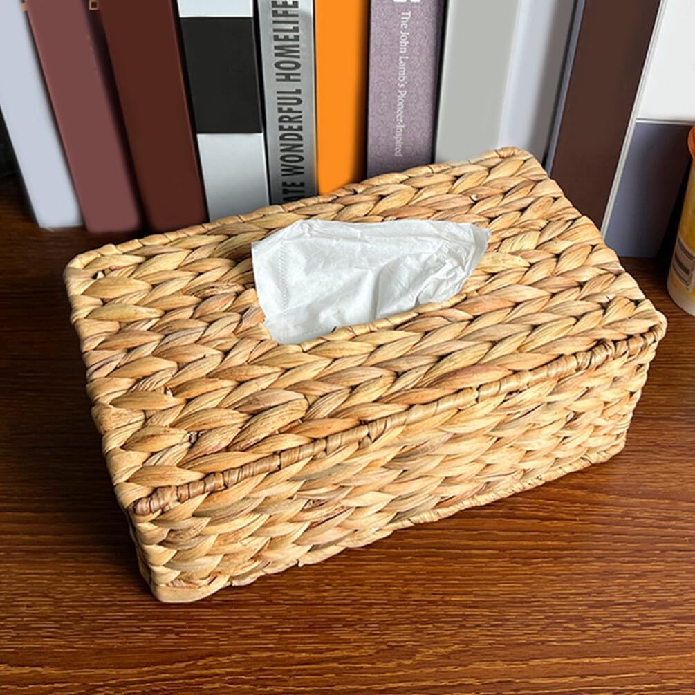 Set 2 of pcs Water Hyacinth Hand Woven Rectangular Tissue Box Cover Holder | Rustic Wicker Straw Tissue Paper Box Napkin Dispenser Organizer for Kitchen, Bathroom and Office with a Free Tissue Box