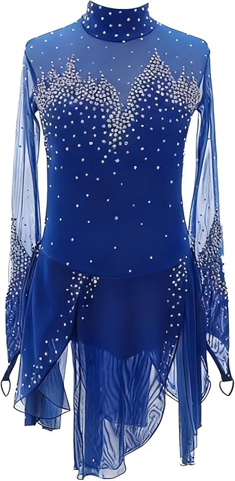 Figure Skating Dress for Women, Long Sleeve Ice Skating Costume with Rhinestones, Girls Dancing Sportwear