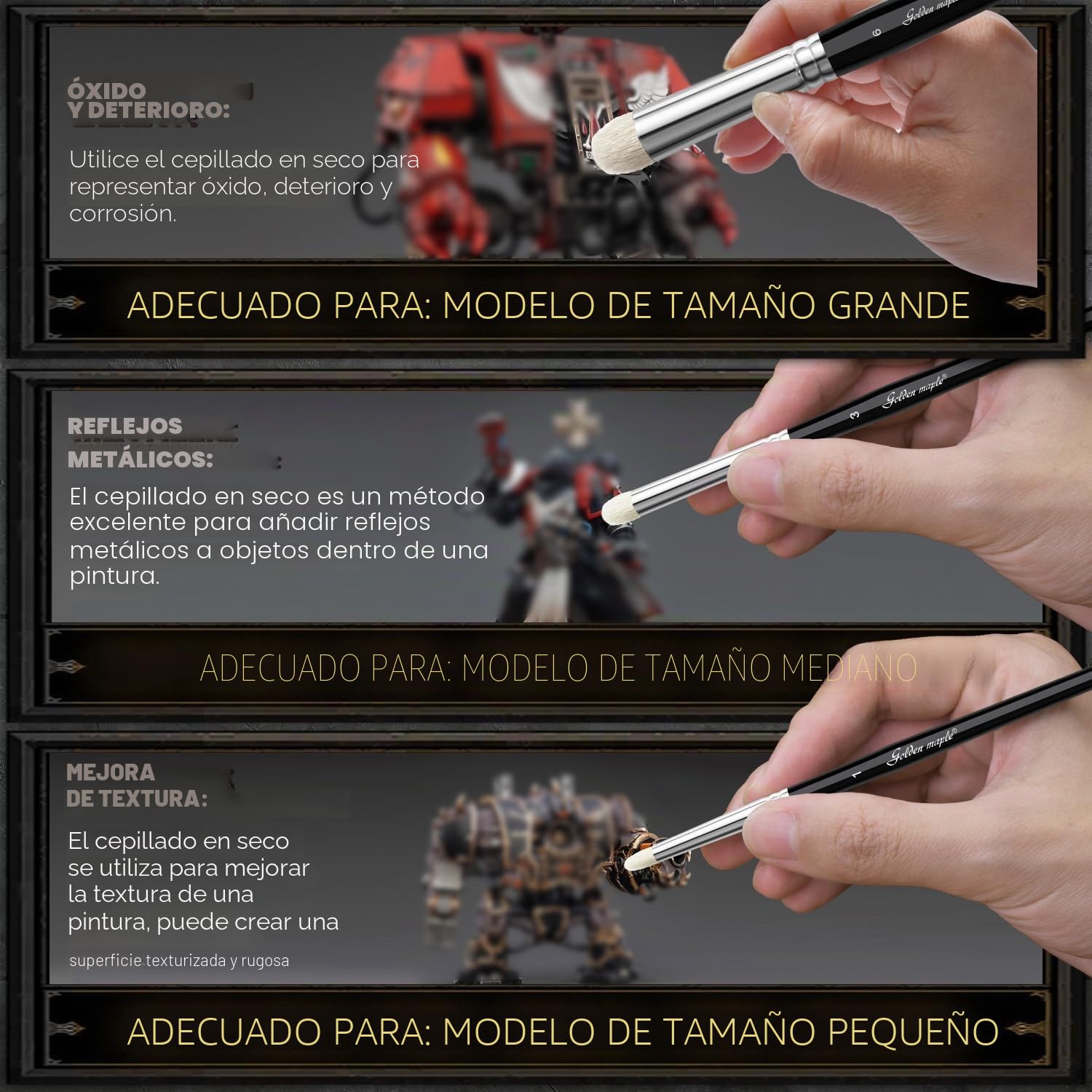 Golden Maple Dry Brush - Juego de 6 pinceles de pintura en miniatura para modeladores profesionales para miniaturas, modelos, esmalte y figuras de fantasía