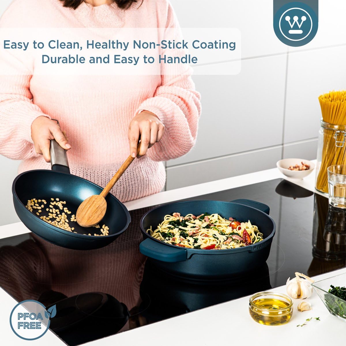 Westinghouse Performance Series 32 cm Blue Casserole Sauté Pan with Lid & Handle Holder | Non-Stick, Induction & Oven Safe, Dishwasher Friendly | Heavy-Duty Aluminum Cookware for All Hobs 4
