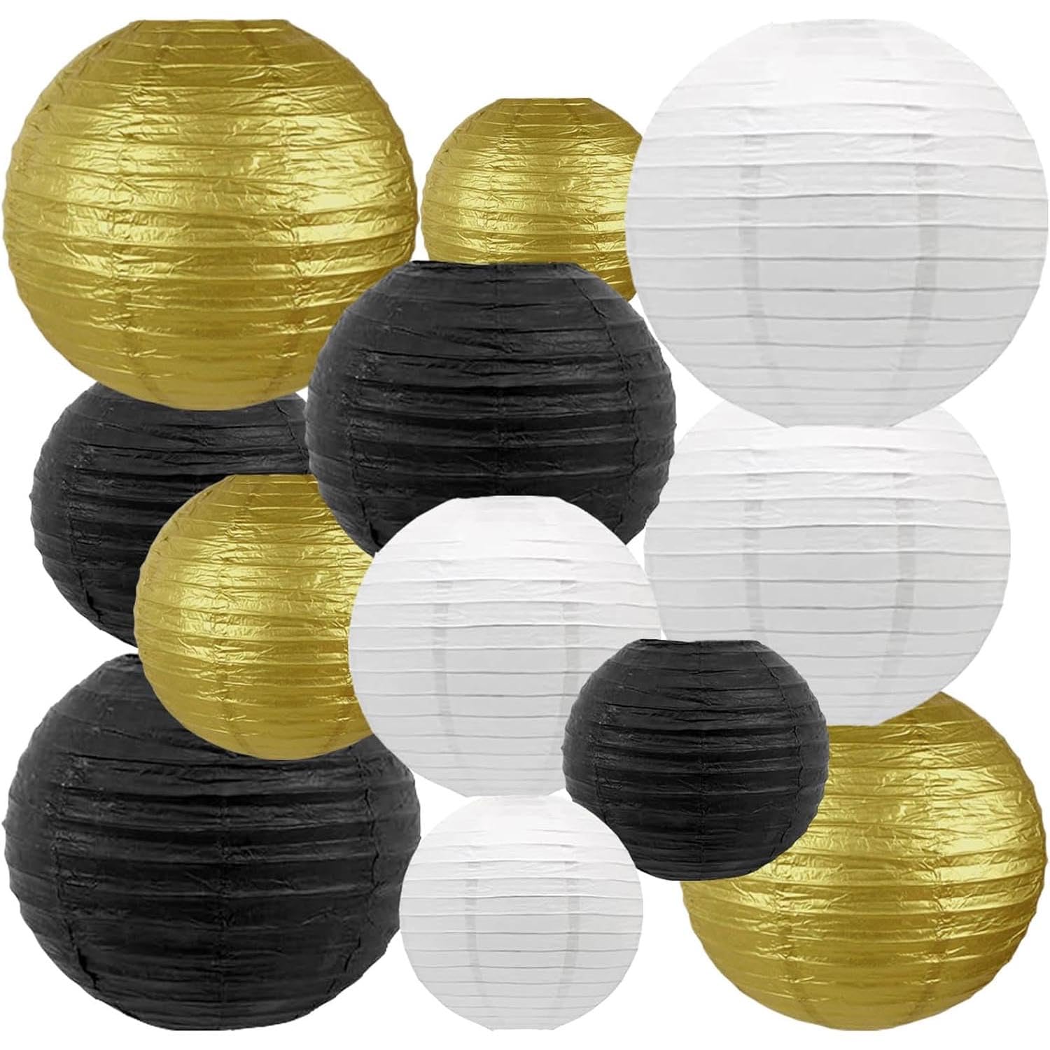 Paper Lanterns Decorative, Hanging Chinese Lanterns Indoor Outdoor for Birthday, Wedding, Christmas, Bridal, Home Decor, Ceiling Decorations Black/Gold/White 12pcs(Size of 4”, 6”, 8”, 10”)