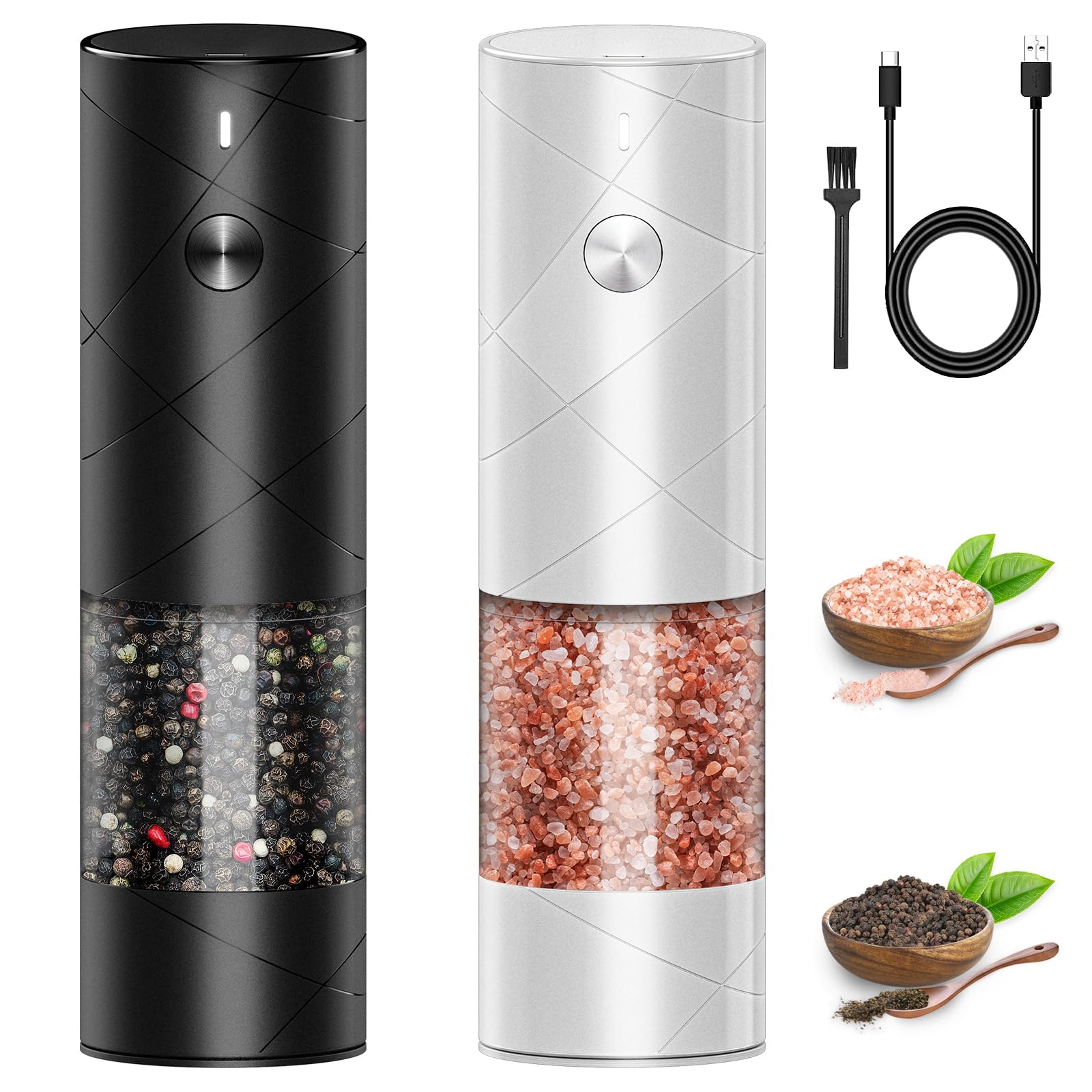 HOMELYLIFEElectric Salt and Pepper Grinder Set, USB Rechargeable Salt and Pepper Mill with Ceramic Grinder and LED Light, Adjustable Coarseness, One Touch Operation