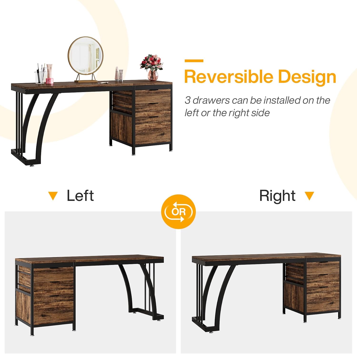 Tribesigns Vanity Desk with 3 Drawers, 59-Inch Large Dressing Table with Reversible Drawers, Chic Makeup Desk for Women Girls (Rustic Brown) (Only Desk)