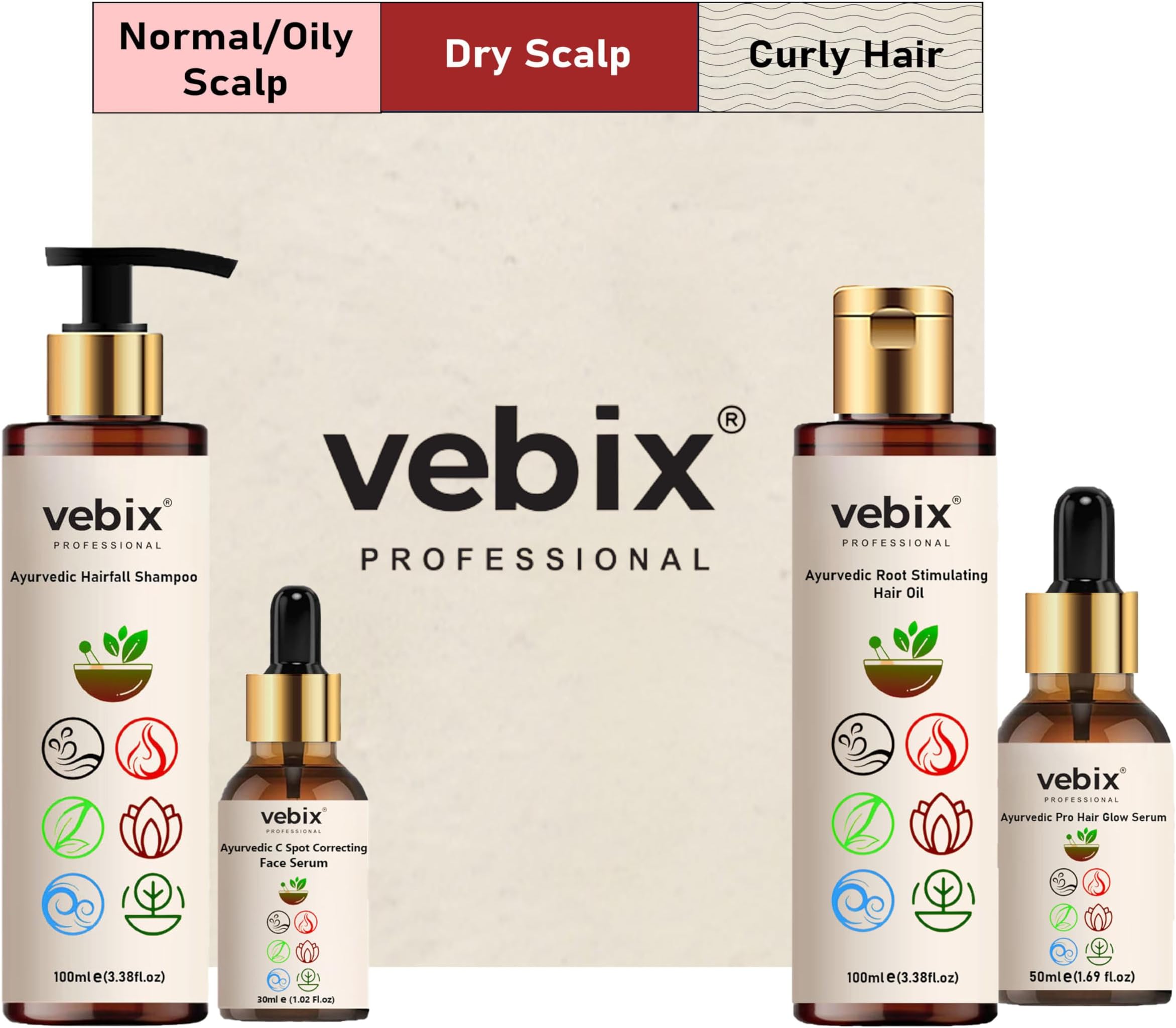 VebixProfessional Customised Regimen -4 Ayurvedic Product Kit - HairFallControl- AntiHairFall Neem Oil +Lotus AntiHairfall Shampoo + Hair Growth Serum & Face Glow Serum (280ml) (Dry Hair)
