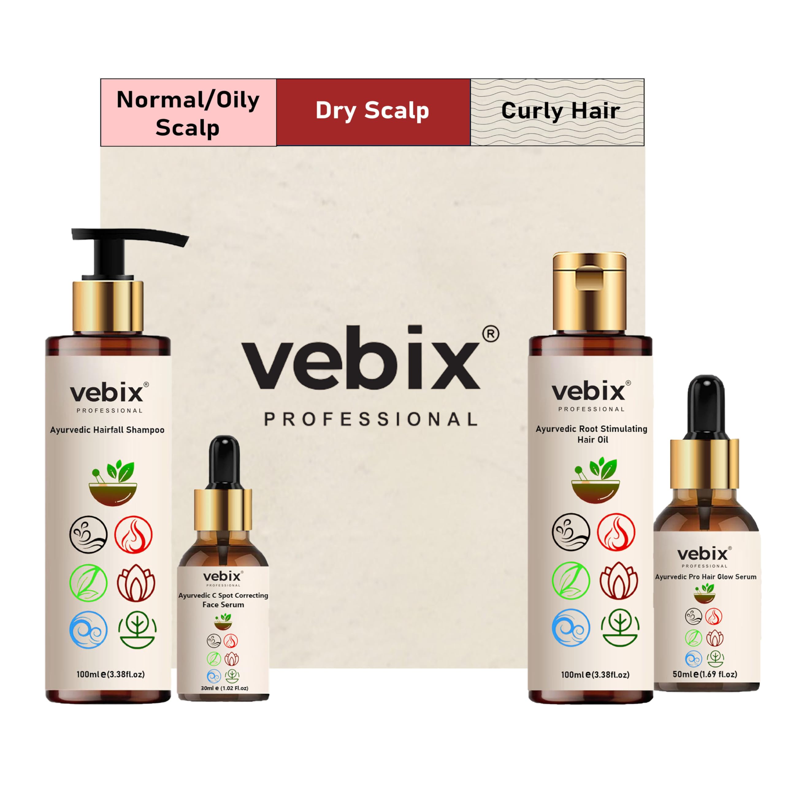 VebixProfessional Customised Regimen -4 Ayurvedic Product Kit - HairFallControl- AntiHairFall Neem Oil +Lotus AntiHairfall Shampoo + Hair Growth Serum & Face Glow Serum (280ml) (Dry Hair)